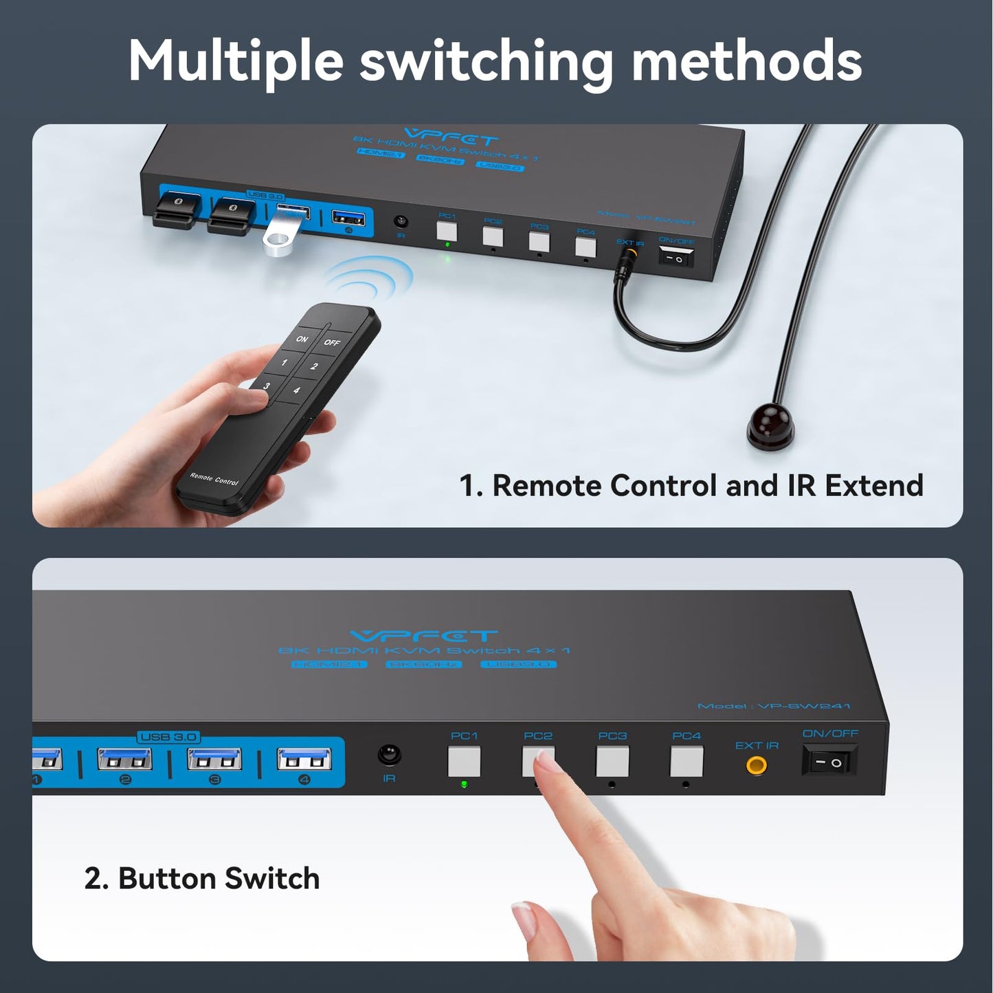 8K@60HZ HDMI KVM Switch 4 Computers 1 Monitor USB3.0 4K120Hz 4 Port KVM Switches for 4 PCs Share 1 Monitor and 4 USB Devices, Such as Keyboard Mouse Printer, with Controller and 4 USB Cables
