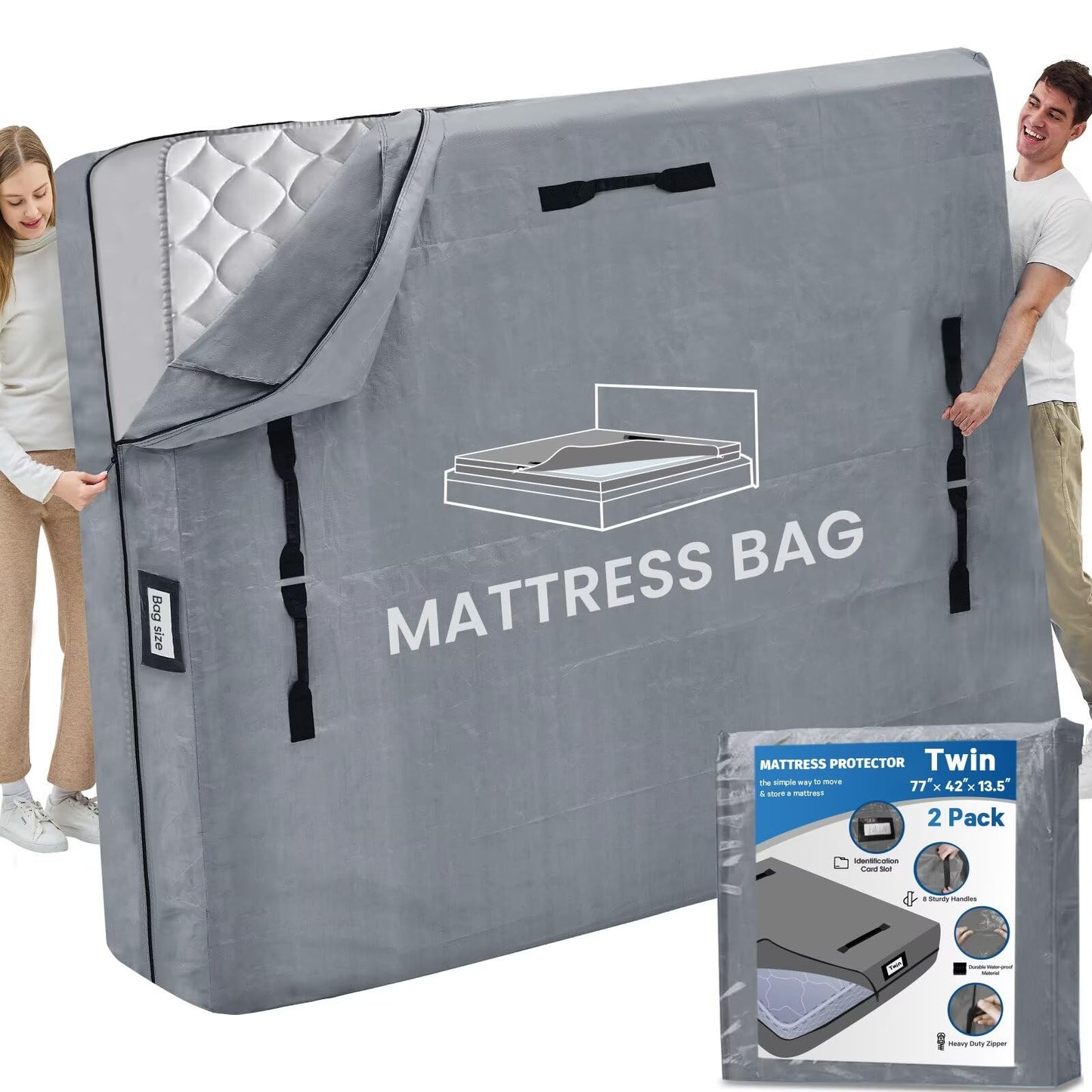 Mattress Bags for Moving and Storage, BETU Twin Mattress Protector Waterproof Mattress Cover with 8 Heavy Duty Handles and Zipper Extra Thick Moving Supplies for Dorm Bed (2 Pack:77x42x13.5 Grey)