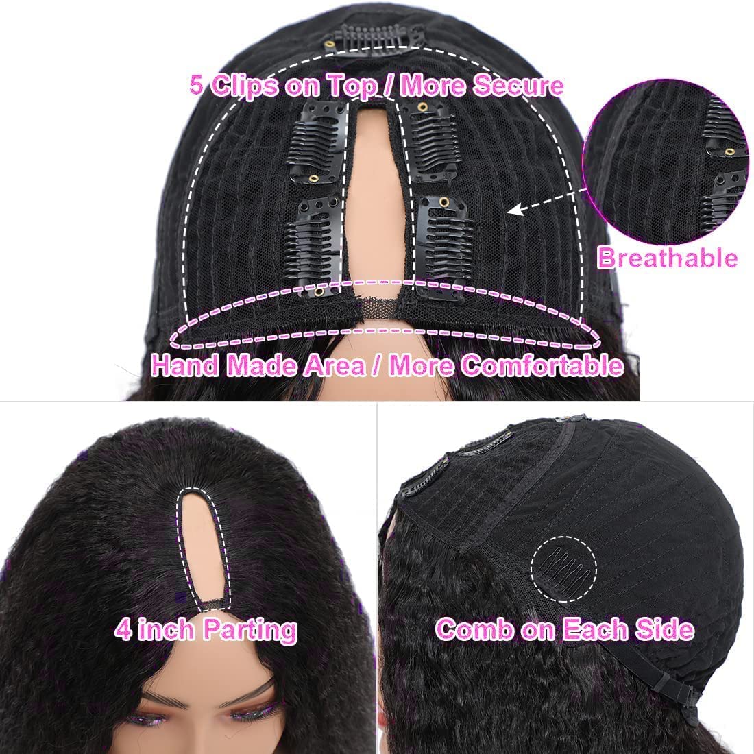 OLFORY V Part Wig Human Hair Wigs for Black Women Kinky Straight V Part Wig 12A Virgin Hair Half Wigs for Women No Lace Upgrade U Part Human Hair Wigs Full Head Clip in Half Wig V Shape Wigs (14inch)