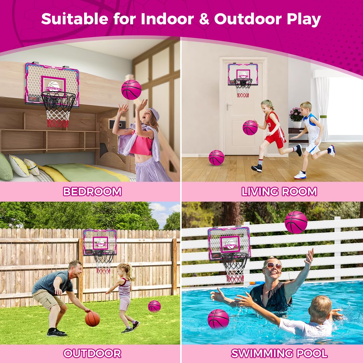 VATOS Basketball Hoop for Girls Indoor, Pink Remote Control Basketball Hoop with Electronic Scoreboard, Mini LED Basketball Hoop Basketball Set Toys Birthday Gifts for 3 4 5 6 7 Years Old Kids Girls