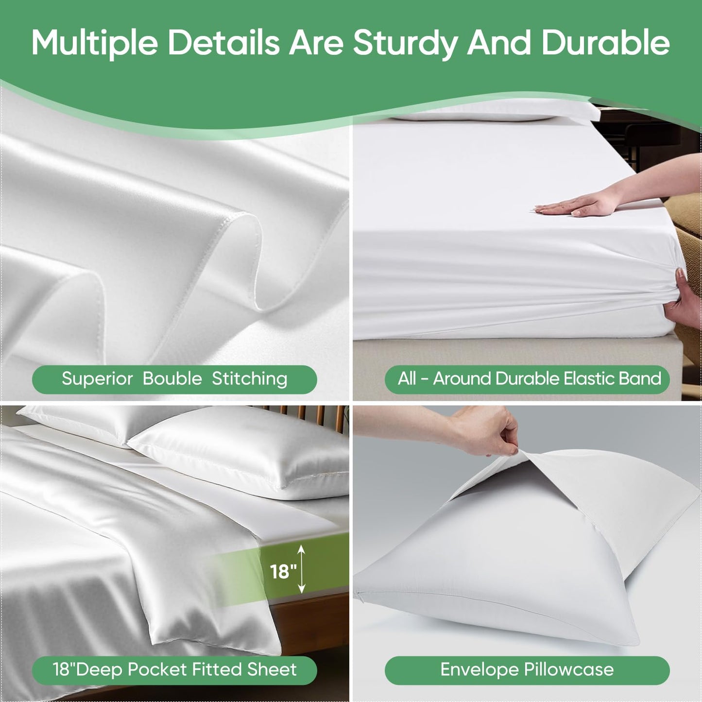 Luxury Organic Tencel & Viscose from Bamboo Cooling Sheet Set,Silky Soft Lyocell Sheets with Deep Pocket, Hypoallergenic & Breathable Bedding with Pillowcases (White, Queen)