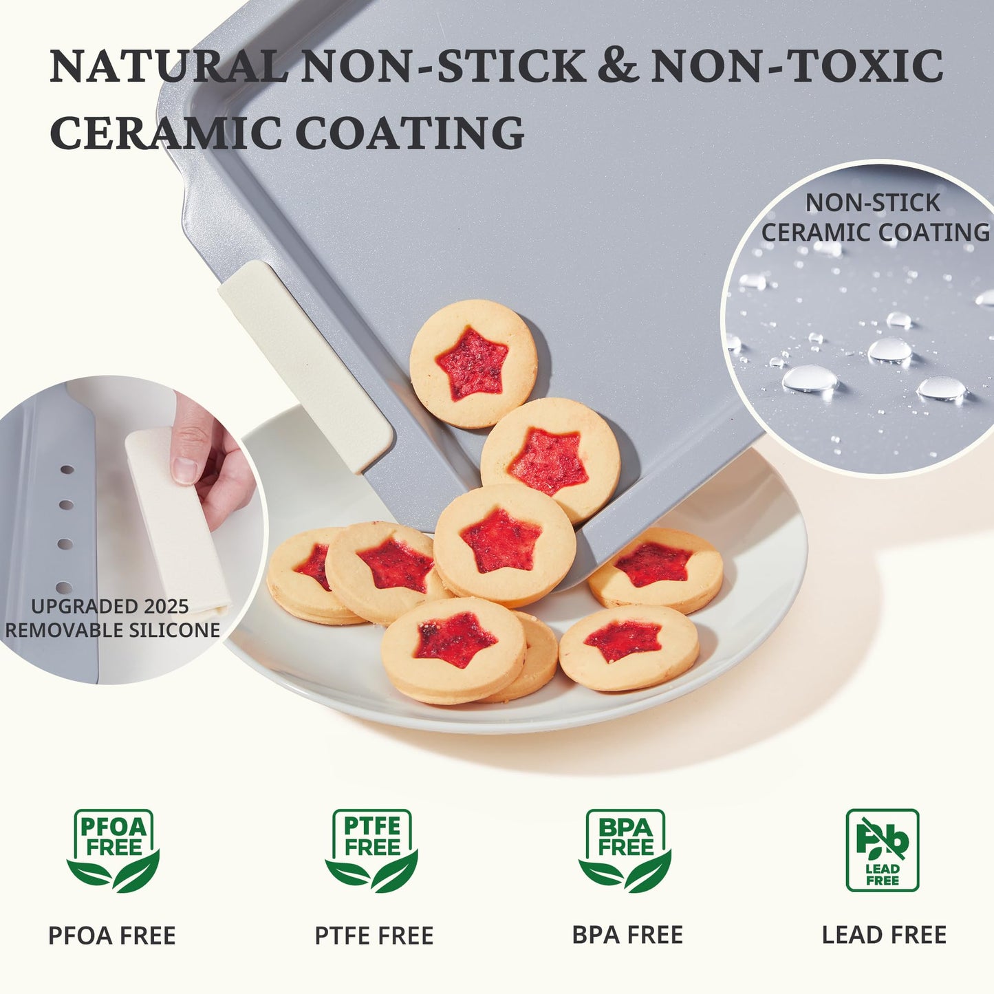BRONYPRO Non Stick Ceramic Baking Sheet Pan Set of 3, Natural Non Toxic Cookie Sheets for Baking - PFOA, PTFE Free, Heavy Duty Aluminized Steel Oven Trays for Cooking with Silicone Handles, Cream