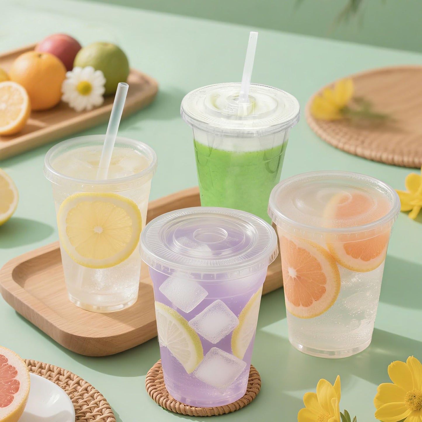 [100 SETS] 32 oz Cups with lids, Plastic cups with lids and straws, iced coffee cup, suitable for takeout iced coffee cold drinks, smoothies, juices, parfaits, Frappuccinos, and milkshakes.