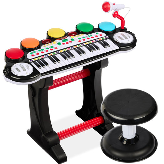 Best Choice Products 37-Key Kids Electronic Musical Instrument Piano Learning Toy Keyboard w/ Multiple Sounds, Lights, Microphone, Stool - Black