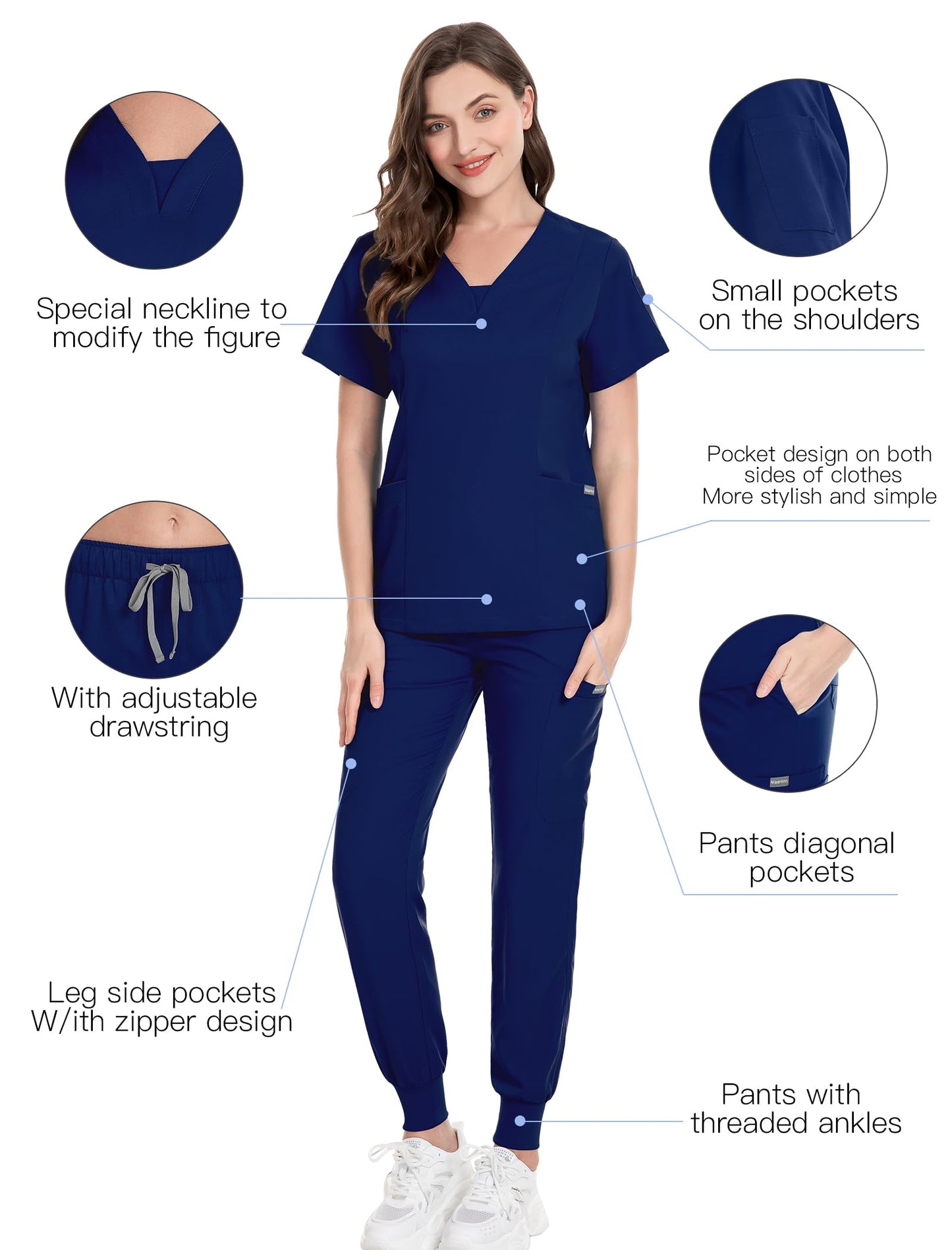 niaahinn Scrub for Women Set - Modern V-neck Scrub Top & Jogger Pants with Drawstring, Anti Wrinkle, Yoga Waistband (Navy Blue,S)