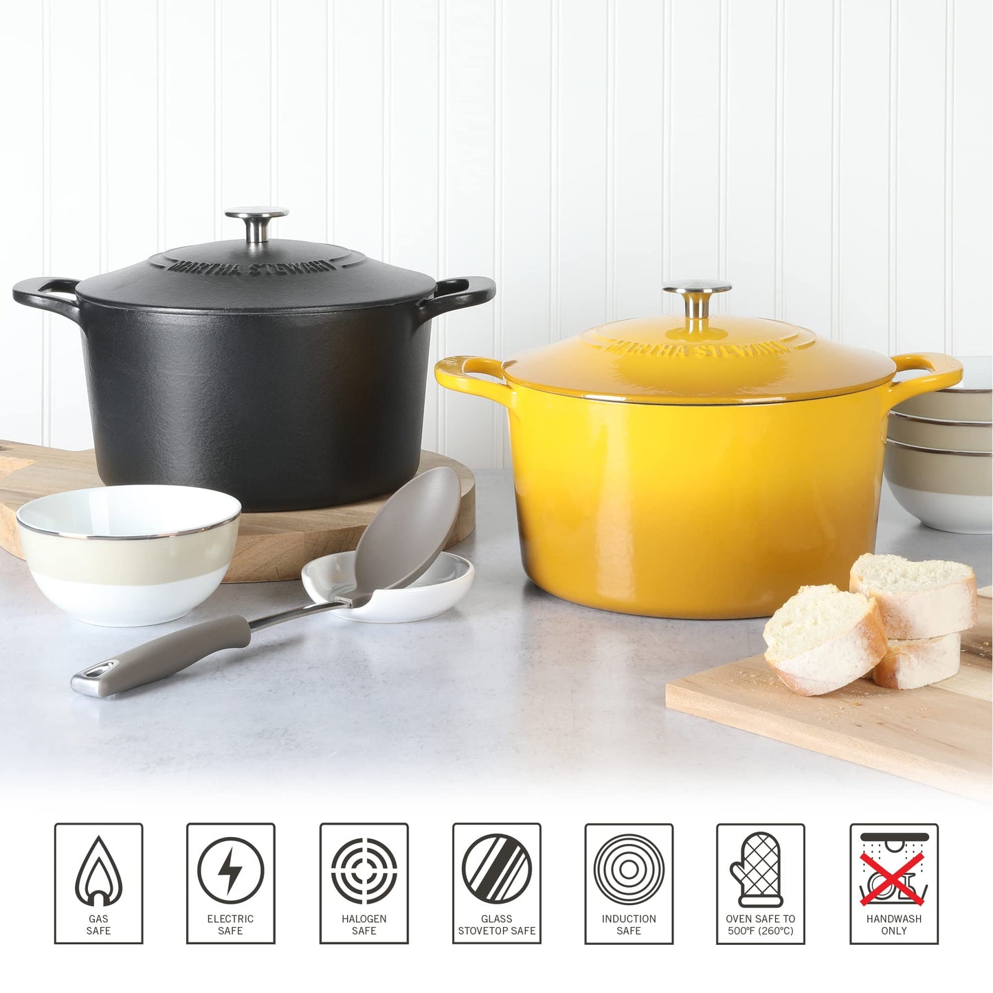 MARTHA STEWART Gatwick 7-Quart Enamel Cast Iron Dutch Oven Pot with Lid – Matte Black – Durable Heavy-Duty Dutch Oven for Slow Cooking, Braising & Baking