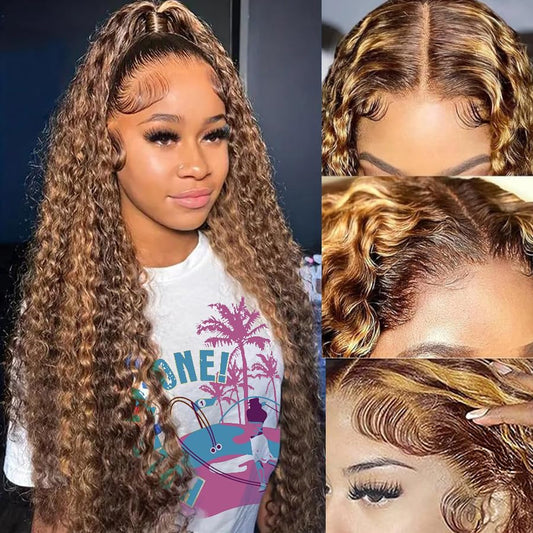ZHUO JIA 13x4 Highlight Ombre Deep wave Lace Front Wigs Human Hair for Black Women P4/27 Colored HD Transparent Honey Blonde Curly Lace Frontal Wigs Pre Plucked 180 Density with Baby Hair 28inch