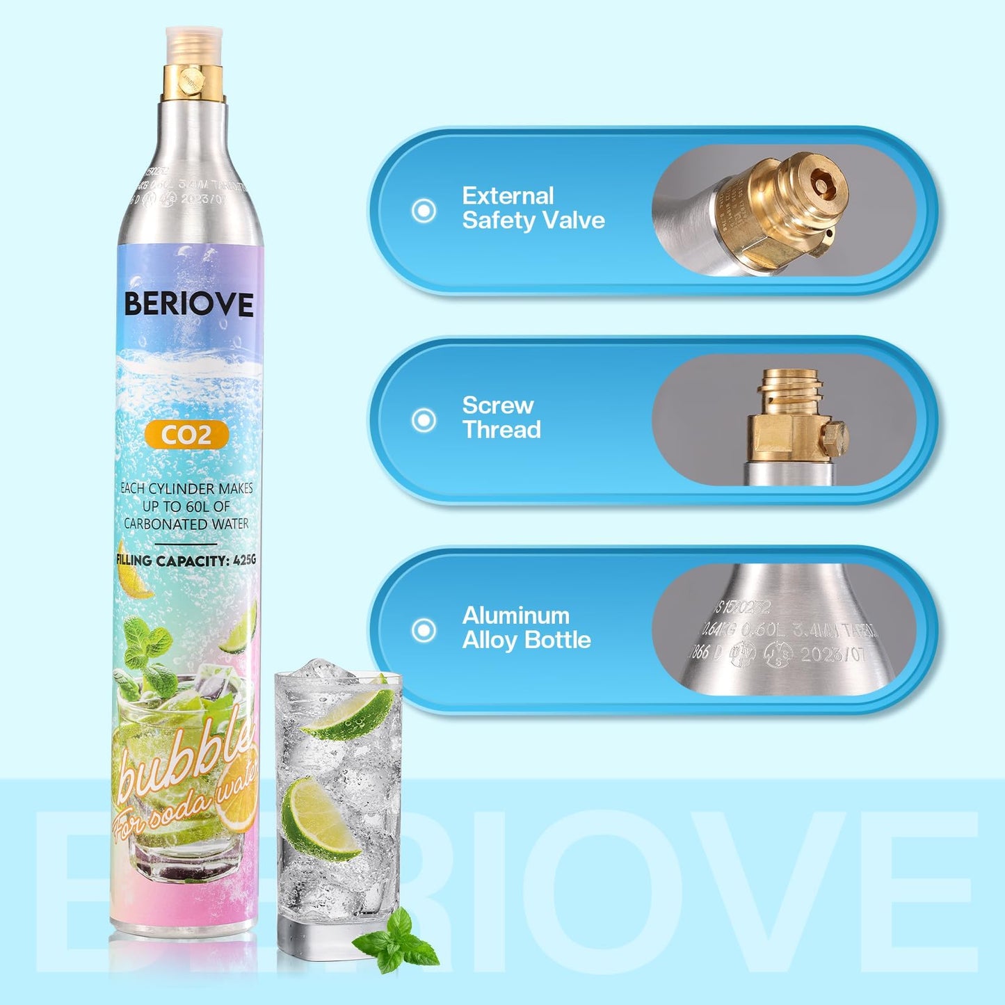 BERIOVE CO2 Cylinders Refill 60L: Threaded CO2 Cartridges for Screw-In Soda Makers Sparkling Water Machines (2 Pack)