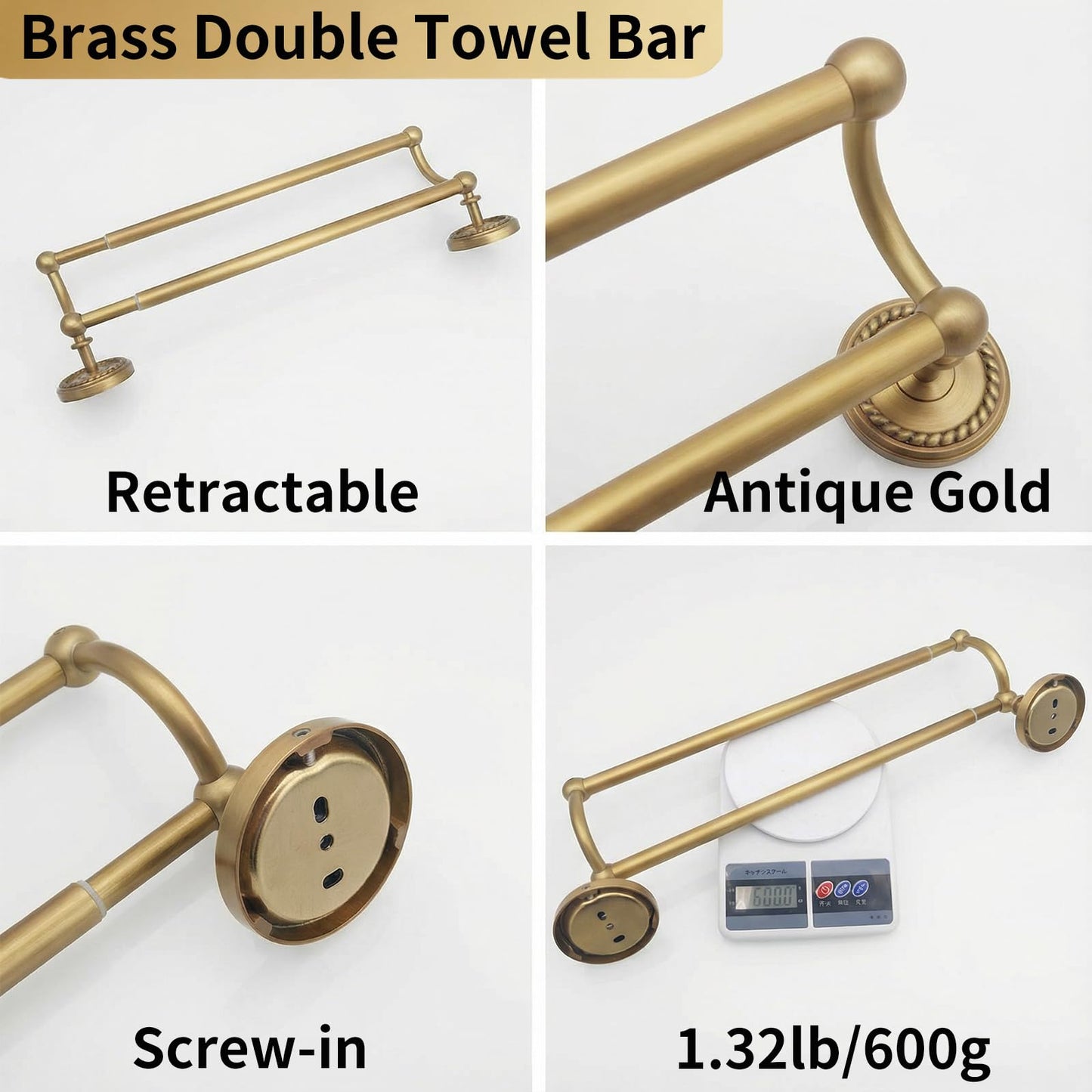 Double Towel Bar, Antique Brass Bathroom Towel Racks Wall Mounted, Adjustable Vintage Gold Towel Bar Fits 16.4 to 27.8 Inch Wall Space, Heavy Duty Rustproof Brass Towel Rod Holder for Kitchen Laundry