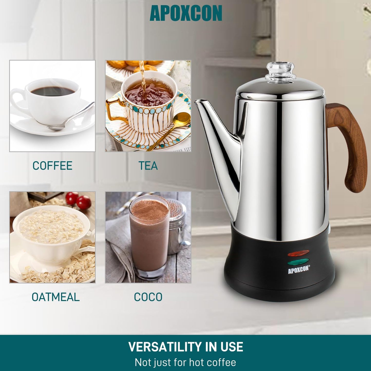 APOXCON Electric Coffee Percolator Stainless Steel Coffee Pot with Two Tough Glass Clear Brew Progress Knob & Treated Solid Wood Handle & On/OFF Switch Auto Keep Warm Cordless Serve (8 Cup)