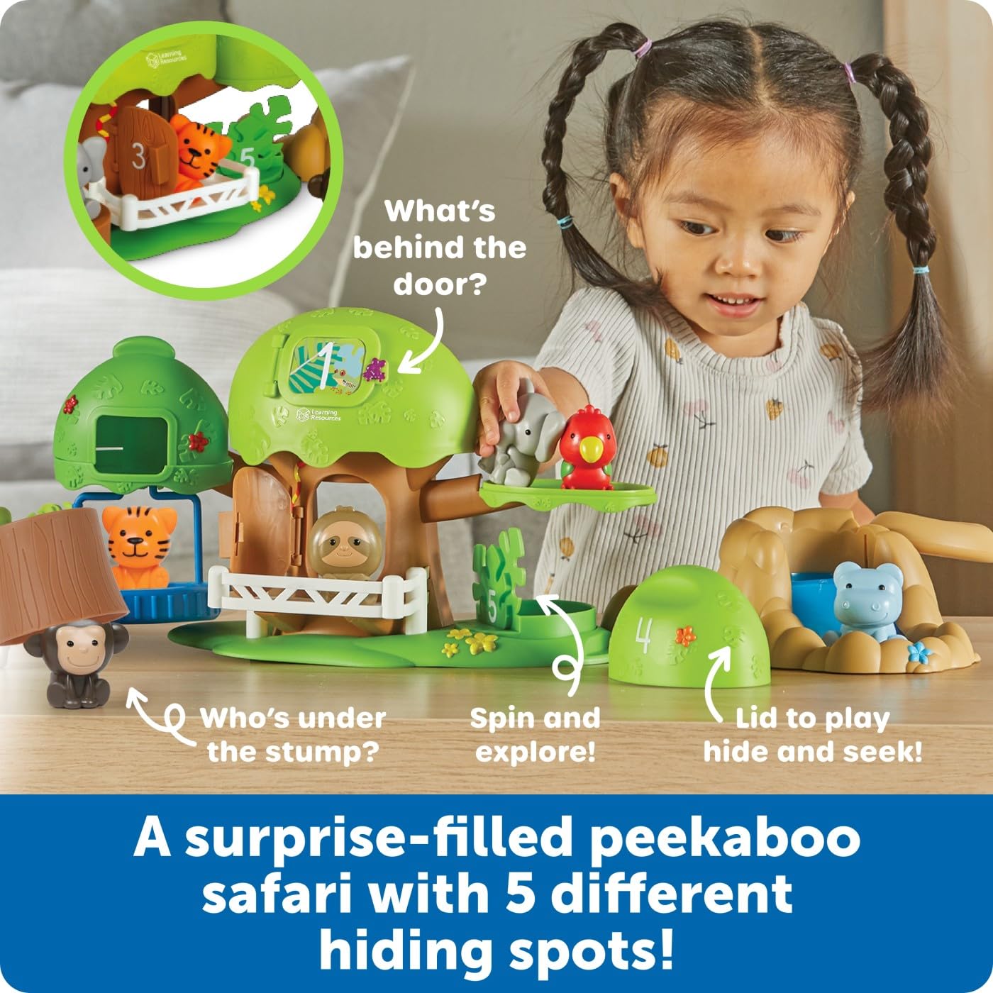 Learning Resources Peeksville Jungle Safari Playset, Animal Kingdom Figurines, Zoo Toy, Plastic Animals, Toddler Gifts for Girls and Boys, Fine Motor Skills for Kids, Tiger, Lion, Elephant