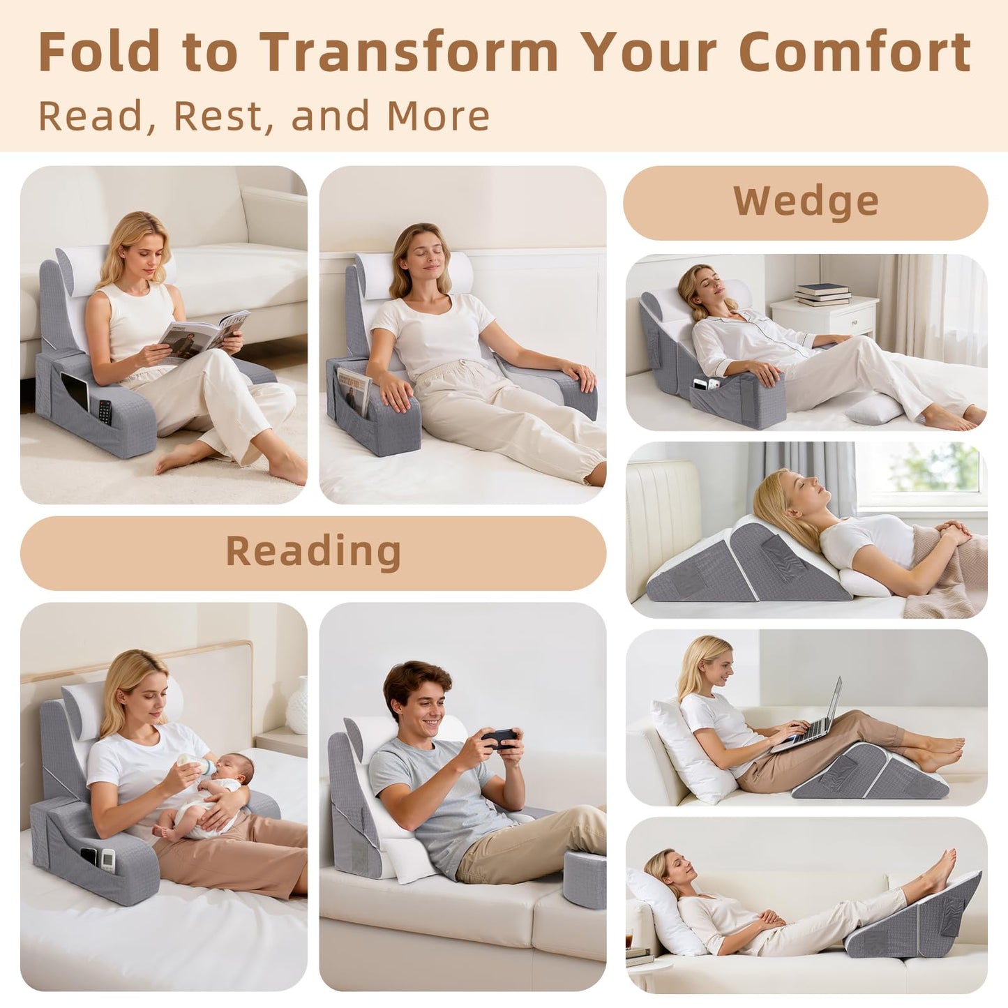ESUERDO 5PCS Reading Pillow for Sitting in Bed Adult, 2 in 1 Foldable Back Wedge Pillow for Sleep, Ergonomic Back Support Pillow with Arms for Watching TV, Gaming, Working, Recovery, 19” White/Grey