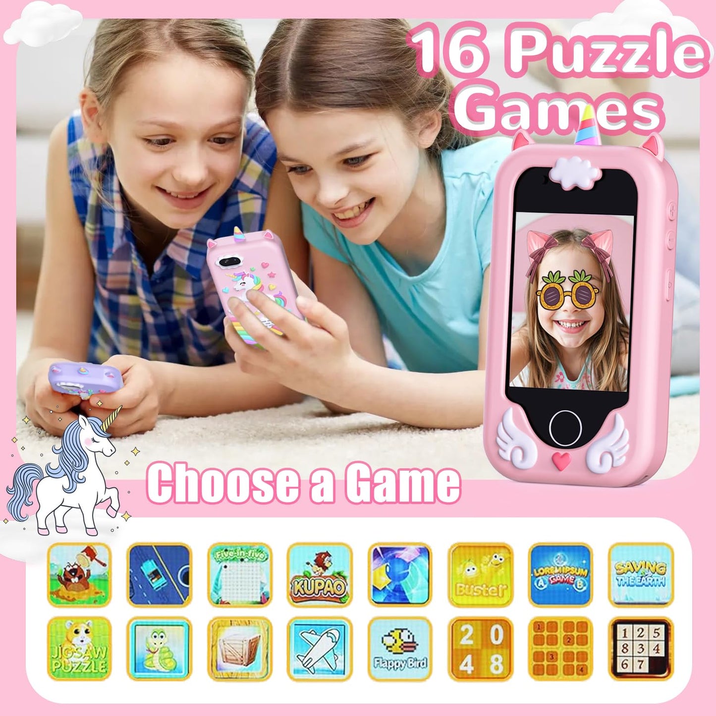 Kids Smart Phone Toys for Girls - Christmas Birthday Gift for Kids Aged 3-10, Toddler Toys Cell Phone with Dual Camera, Music Player, Educational Learning Games with 32GB Memory Card, Pink