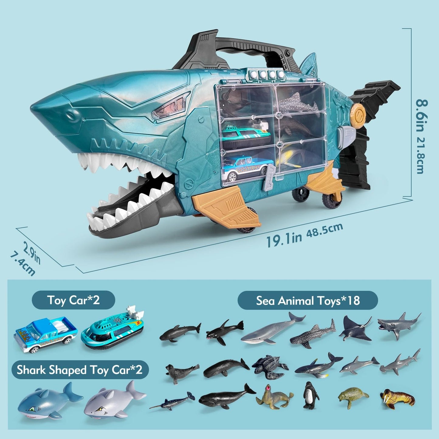 Shark Toys with led, Music Ocean Animals Toys, Shark Truck Toys with 2pcs Toy Trucks, 2pcs Shark Cars,18pcs sea Animal Toys for 3+ Year Old Kids