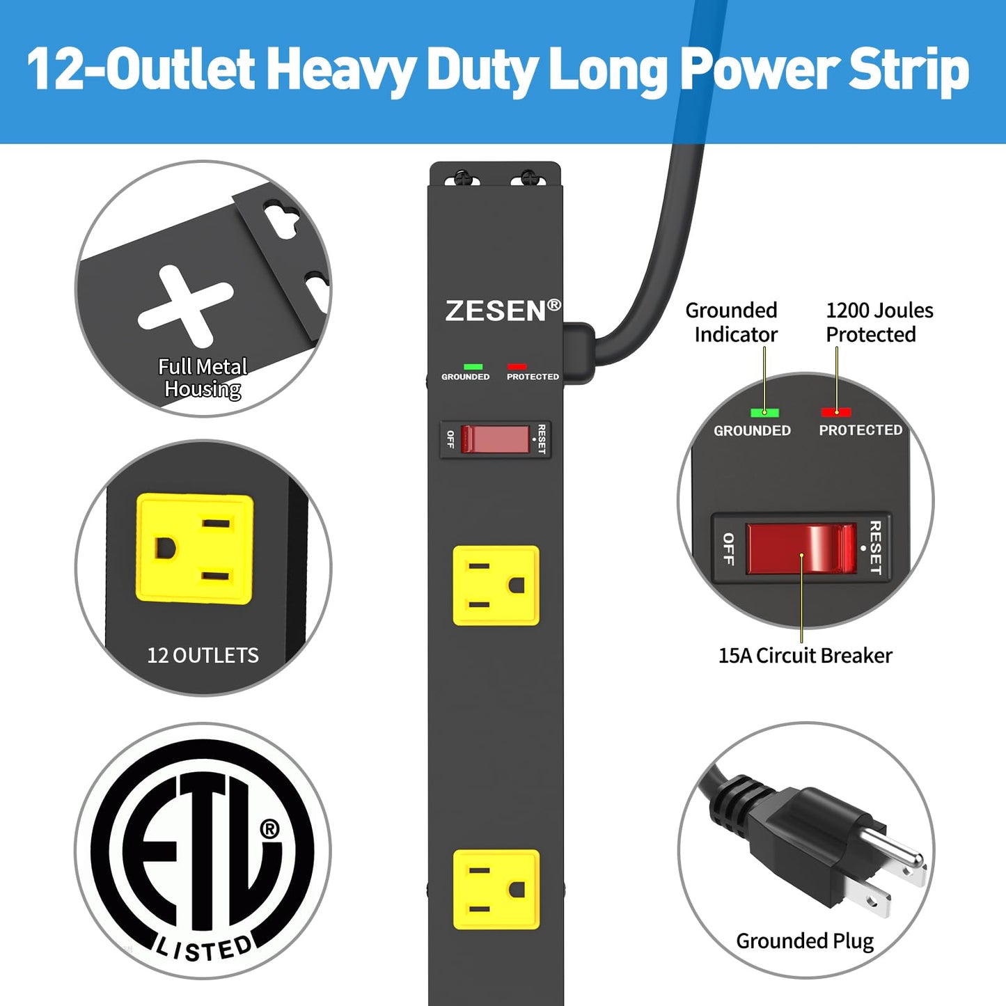 ZESEN 12 Outlet Long Power Strips Heavy Duty Garage Workshop Multi Wide Industrial Power Strip Surge Protector with 4ft Cord, ETL Certified, 1875W, Black