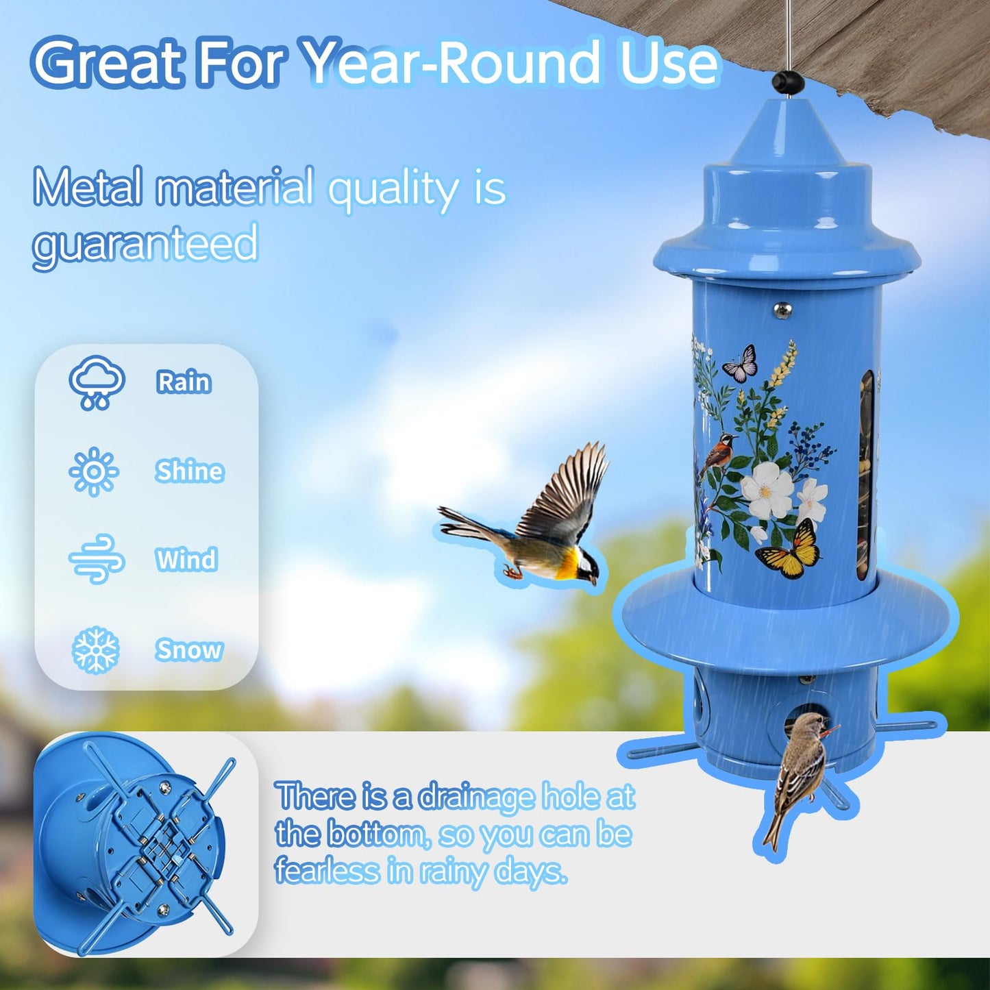 Pitoutfir Squirrel Proof Bird Feeders, Long Lasting Bird Feeder for Outdoors, Reliable and Rust Resistant Metal Station for Prevents Squirrels from Stealing Food,5LB Large Capacity (Blue Bird Feeder)