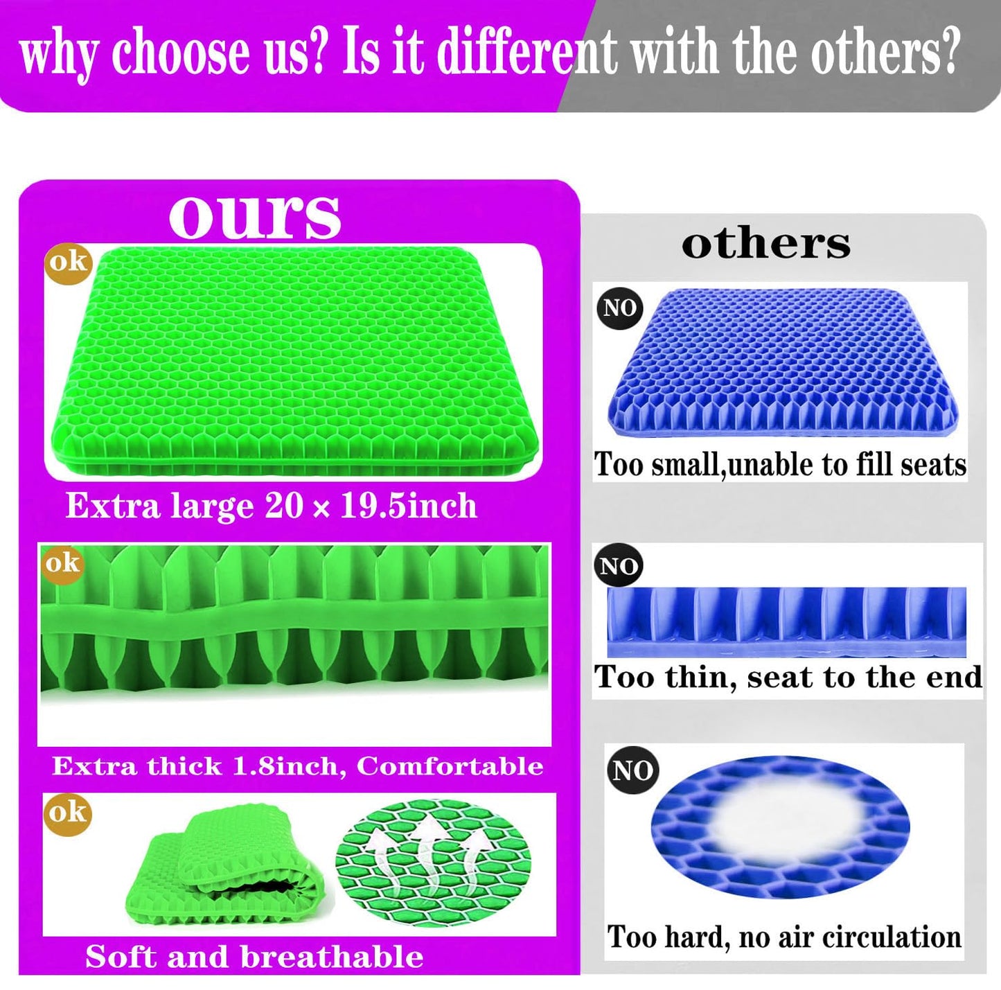 Plus Size Gel Seat Cushion for Long Sitting, Extra Large and Thick, Seat Cushion for Back, Hip, Sciatica, Tailbone Pain Relief, Used for Office, Wheelchair, Car, Recliner, Stadium, Kayka.(Grass Green)