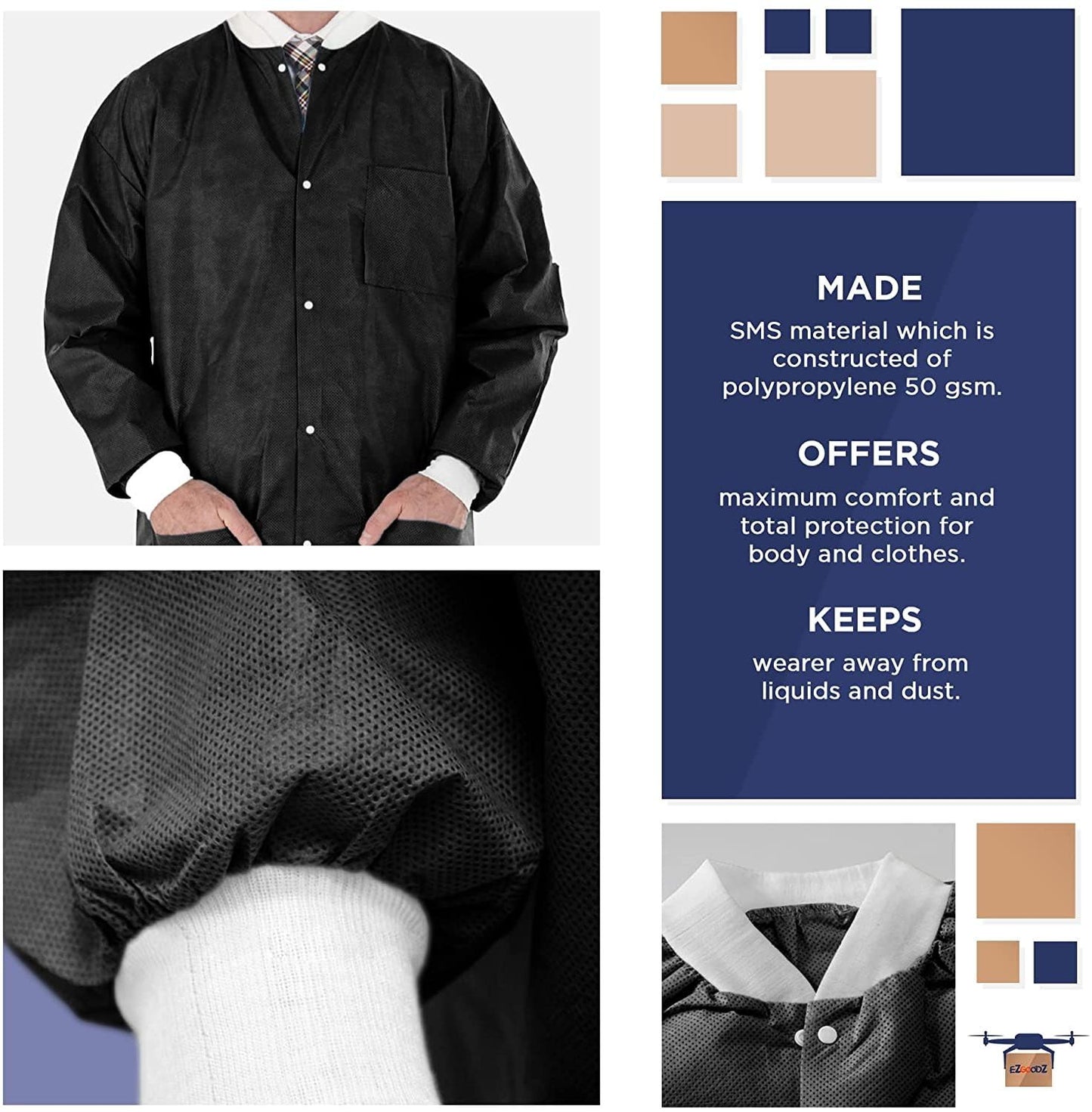 Amazing Supply Disposable Lab Jackets, 29'' Long. 10Pack Black Hip-Length Work Gowns| SMS 50 gsm Shirts with Snaps Front, Knit Cuffs & Collar, 3 Pockets. Unisex PPE Body Protective Short Coats, Small