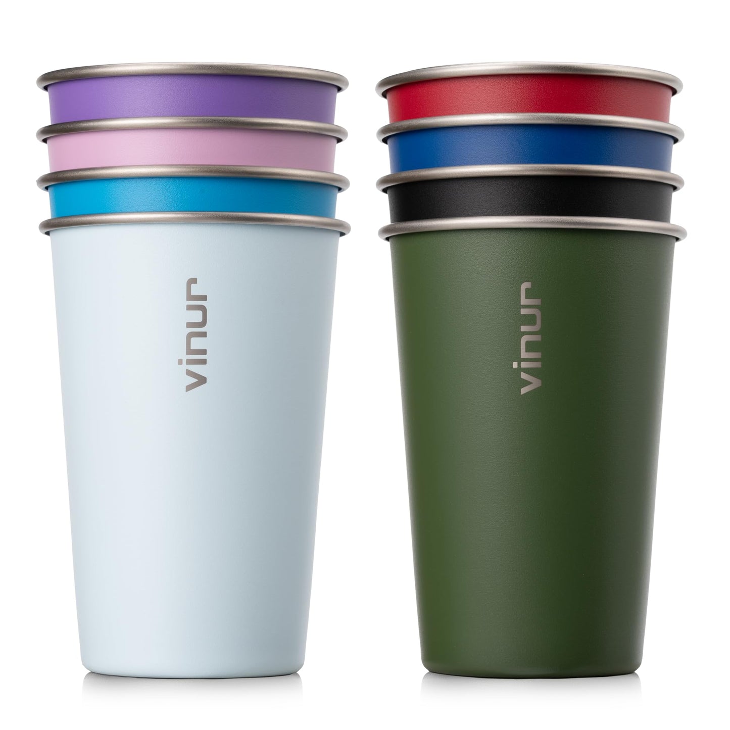 VINUR Stainless Steel Cups-8 Pack 16 oz Pint Cup Tumbler Stackable Colorful Metal Drinking Glasses for Camping, Restaurant, Bar