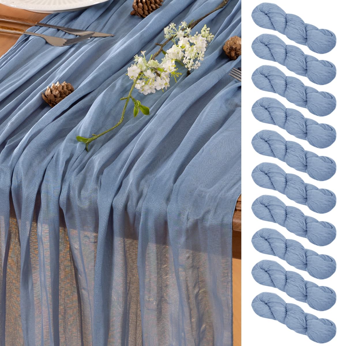 LINXTAR Dusty Blue Table Runner Cheesecloth Table Runner 10 Pack 10FT Rustic Table Runners 35 x 122 Inches Boho Decoration for Home Wedding Baby Shower Birthday Party