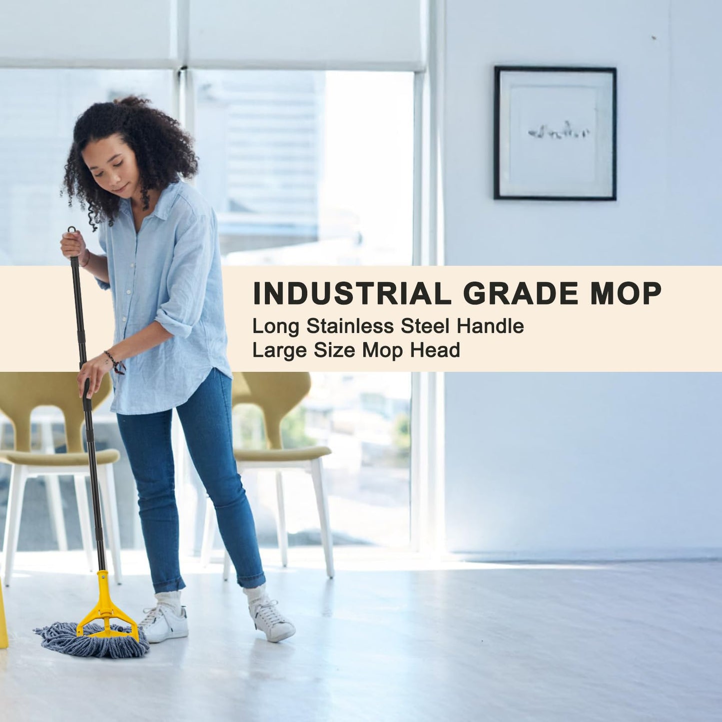 Commercial Industrial Mop with 3 Extra Large Reusable Replacement Head,59" Long Handle Heavy Duty Wet Mops,Looped-End String Cotton Mop for Floor Cleaning,House,Kitchen,Office,Garage,Tile(Yellow)