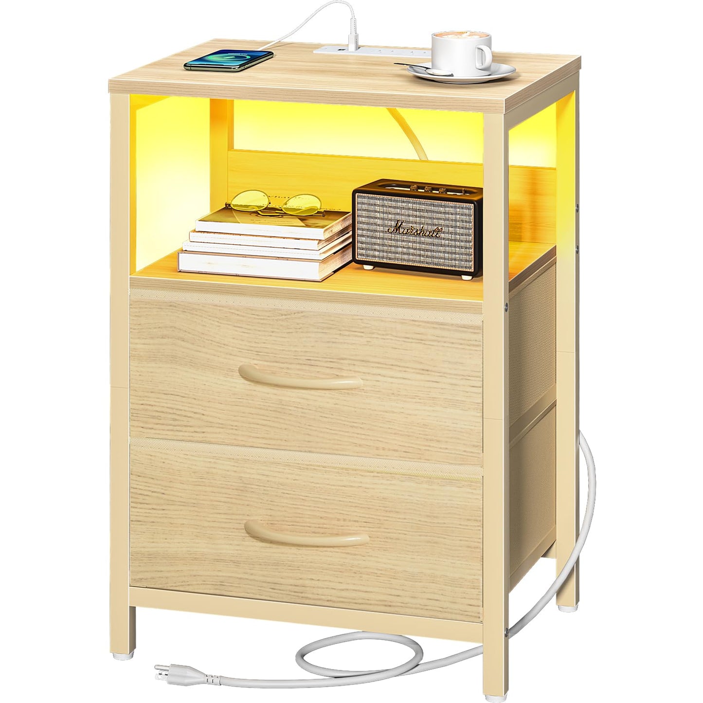 Yoobure Nightstand with Charging Station, LED Night Stand with Fabric Drawers and Storage Shelf for Bedroom, Nightstands Bedside Tables with USB Ports & Outlets, Small Night Stands, Bed Side Table