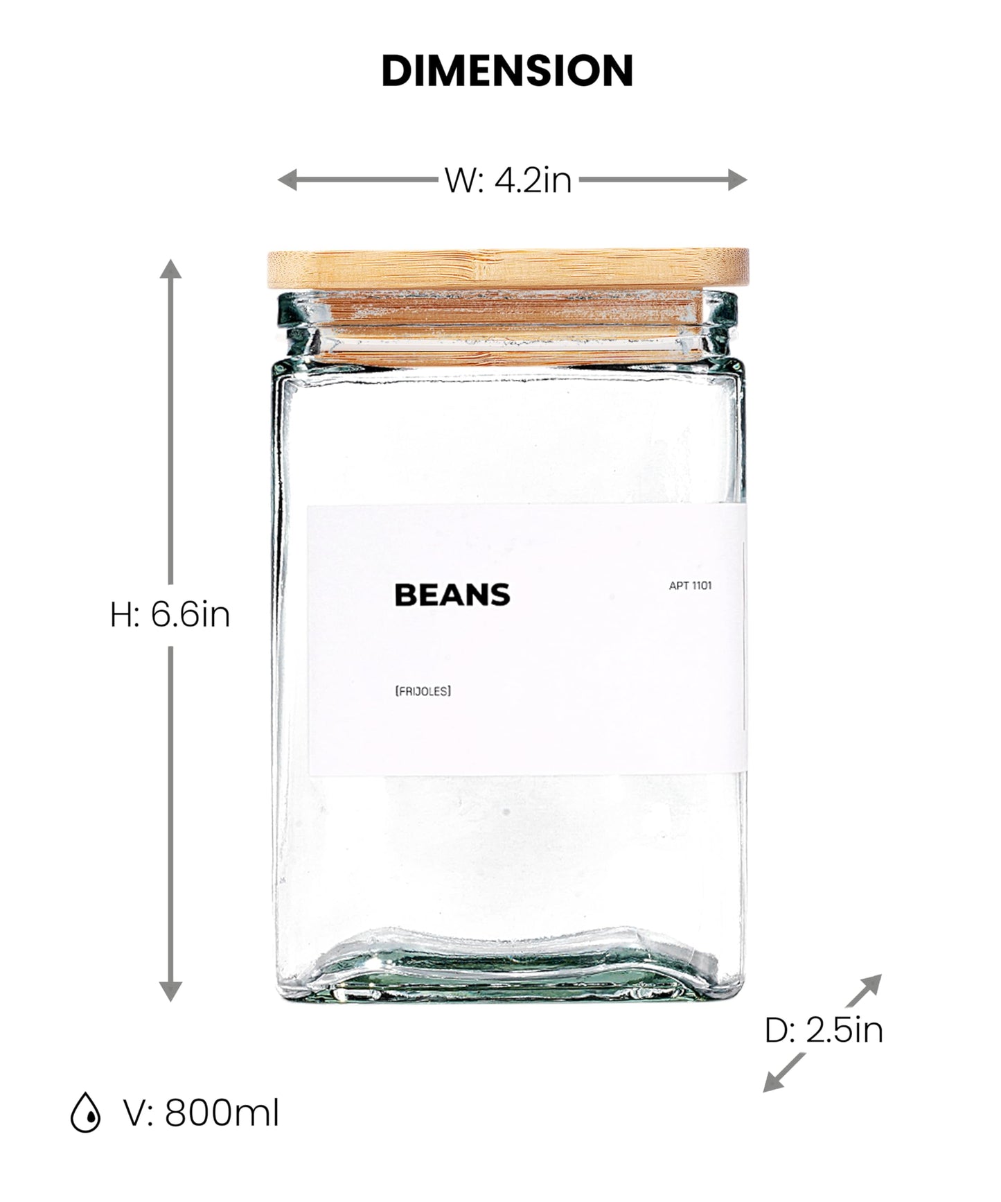 APT 1101 Glass Storage Jars with Bamboo Lid, glass canisters with airtight lids, Clear jars with lids for Spice, Cookie, Candy, Tea, Coffee Bean and Rice (White, 26 oz, Set of 6)