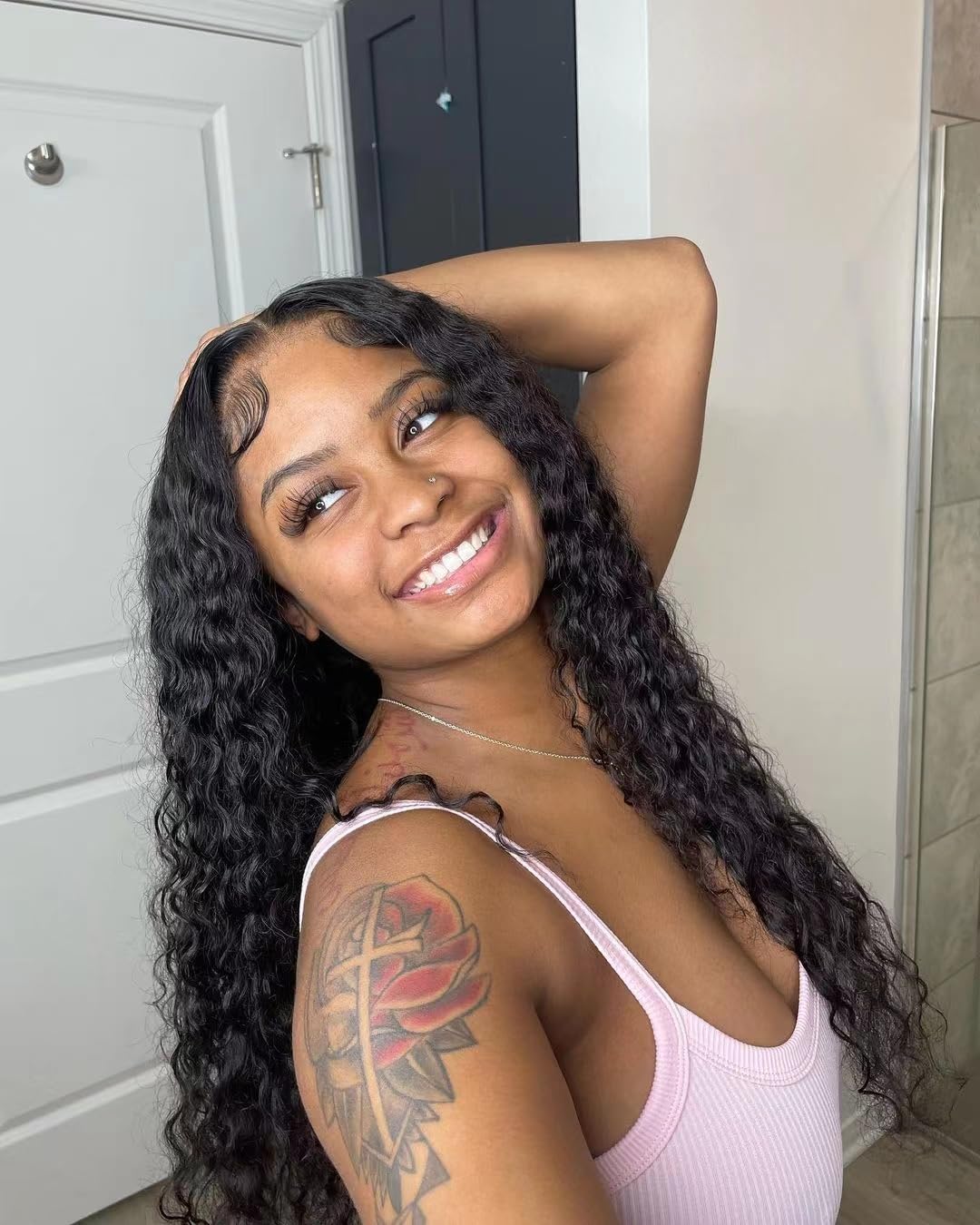 Josblue Deep Wave Lace Front Wigs Human Hair 180% Density 4x4 HD Transparent Lace Closuret Wet and Wavy Human Glueless Wigs for Black Women Pre Plucked with Baby Hair Nature Color