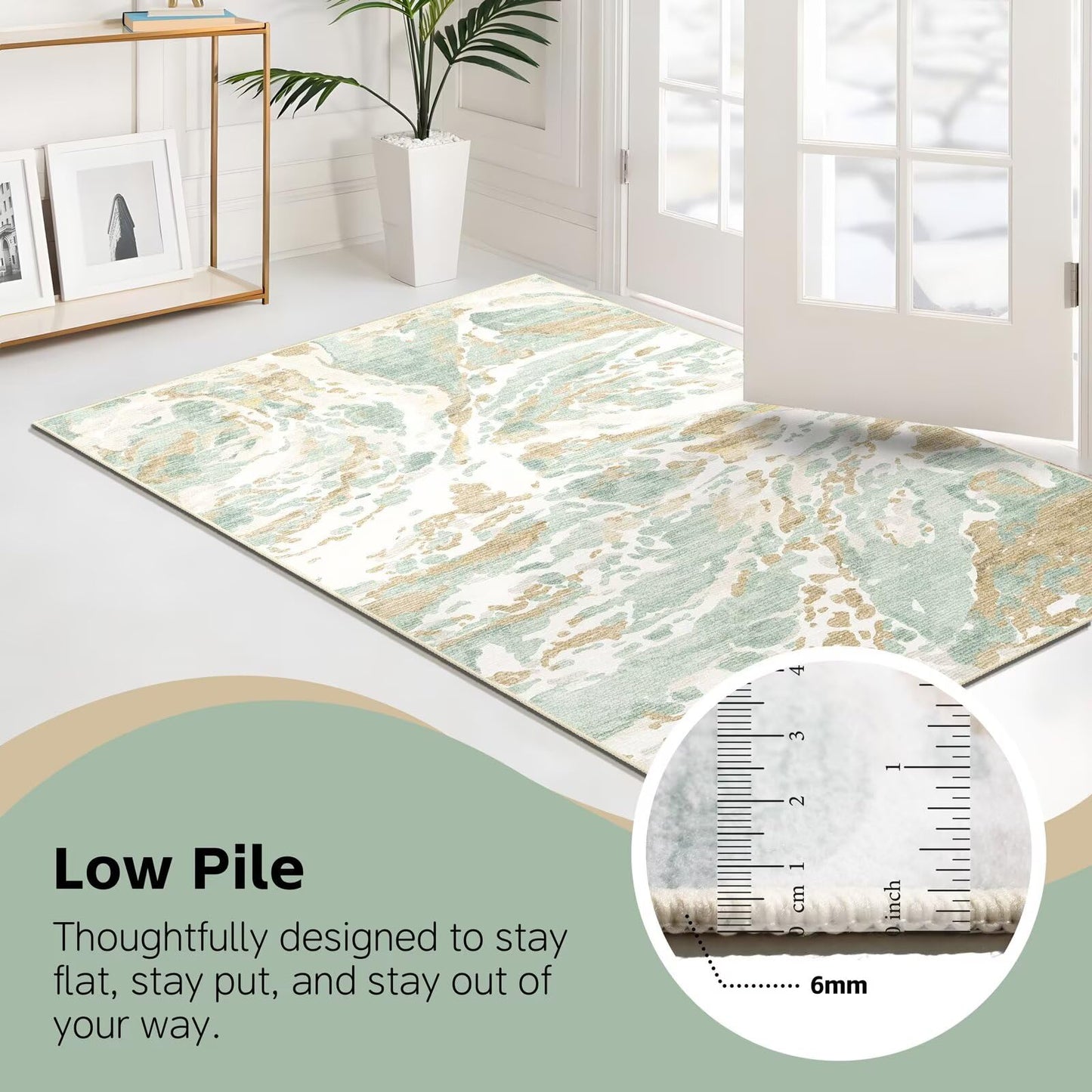 DEXDE 5x7 Area Rug for Living Room Bedroom, Washable Modern Abstract Non Slip Large Soft Rugs Low Pile Floor Carpet for Dining Room Bedroom Kitchen Office Nursery Playroom, Green