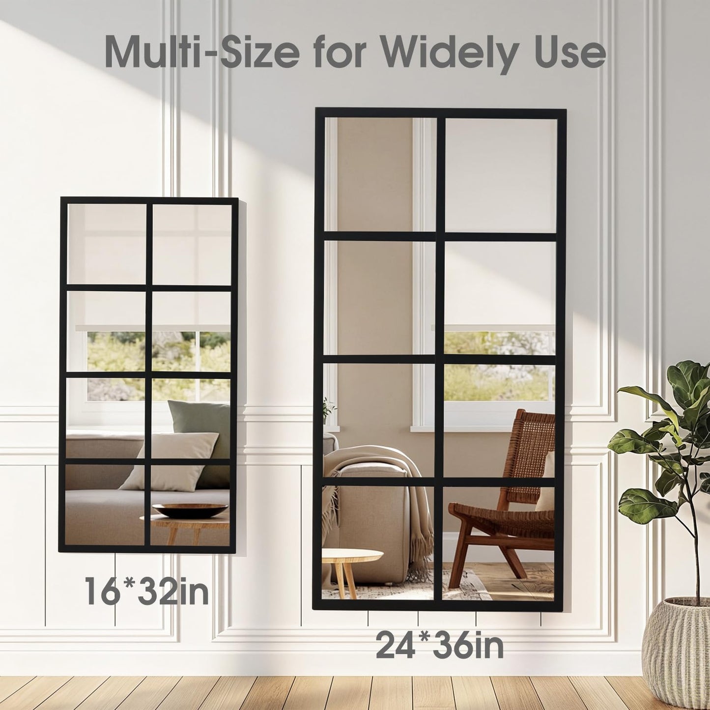 DUMOS Wall Mirrors 16" x 32", Set of 2 Rectangle Window Pane Decorative Mirrors, Black Metal Framed Wall Mounted Mirror for Bathroom, Bedroom, Entryway