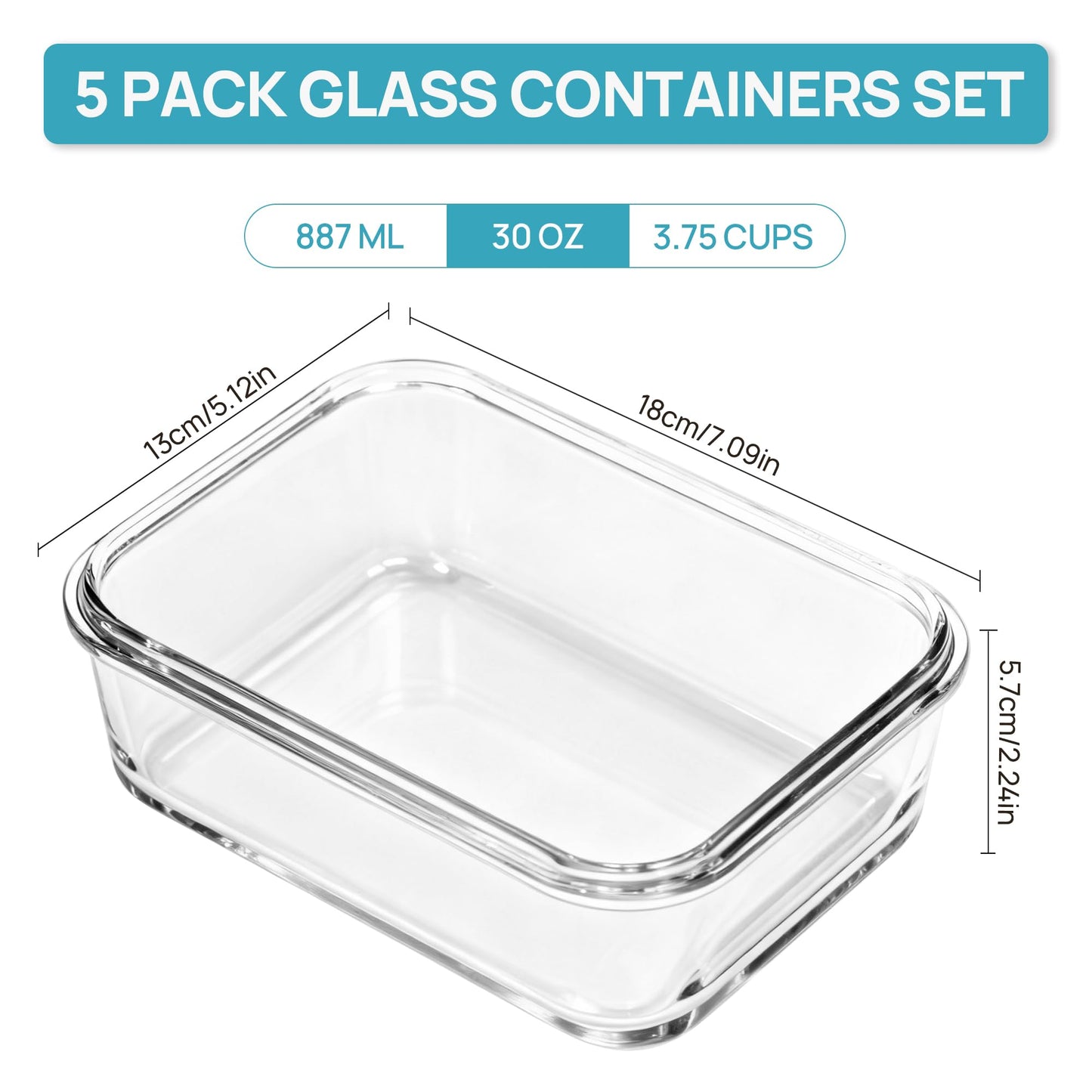 Vtopmart 5Pack 30oz Glass Storage Containers with Lids, Glass Meal Prep Food Container Sets with Snap Airtight Lids for Microwave, Oven, Freezer and Dishwasher, Grey