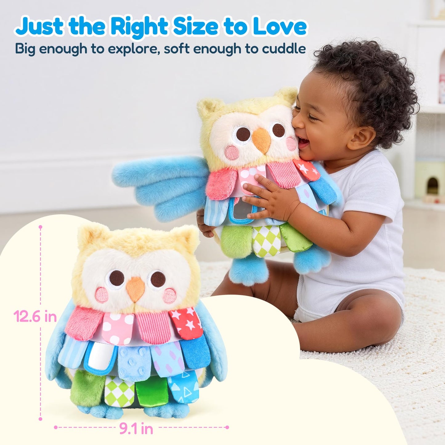 JoyCat Flip Owl Stuffed Animal, Soft Baby Sensory Toy with Multi-Textured Crinkle, Squeaker & Baby Mirror, Infant Tummy Time Toy for 0-9 Months, Newborn Baby Boy Girl Gift