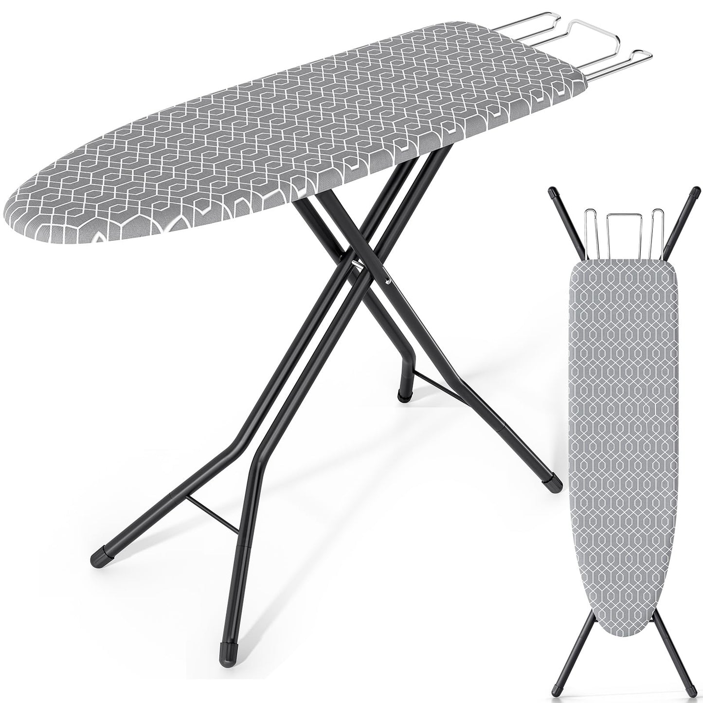 KINGBOARD Foldable Ironing Board Full Size, Iron and Ironing Board Set Standard Size, Iron Boards with Ironrest & Adjustable Height,Heavy Duty Iron Table Stand with Metal Legs &Thick Cover,43x13 Gray