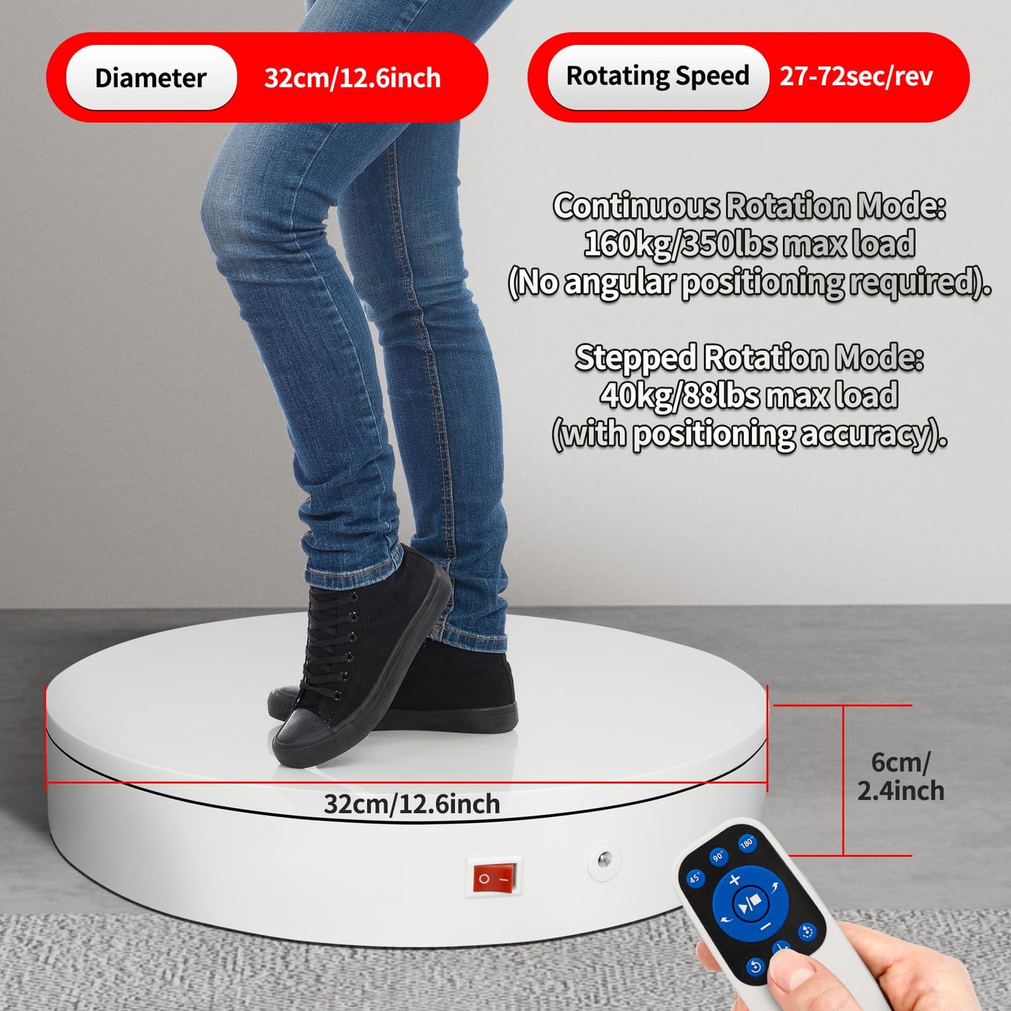 ComXim 12.6Inch/350lbs Capacity Large Rotating Platform,Remote Rotating Display Stand ,Electric Motorized Turntable,Photography Turntable,Heavy Duty Rotating Platform for Photography,3D Scanner,Exhibition