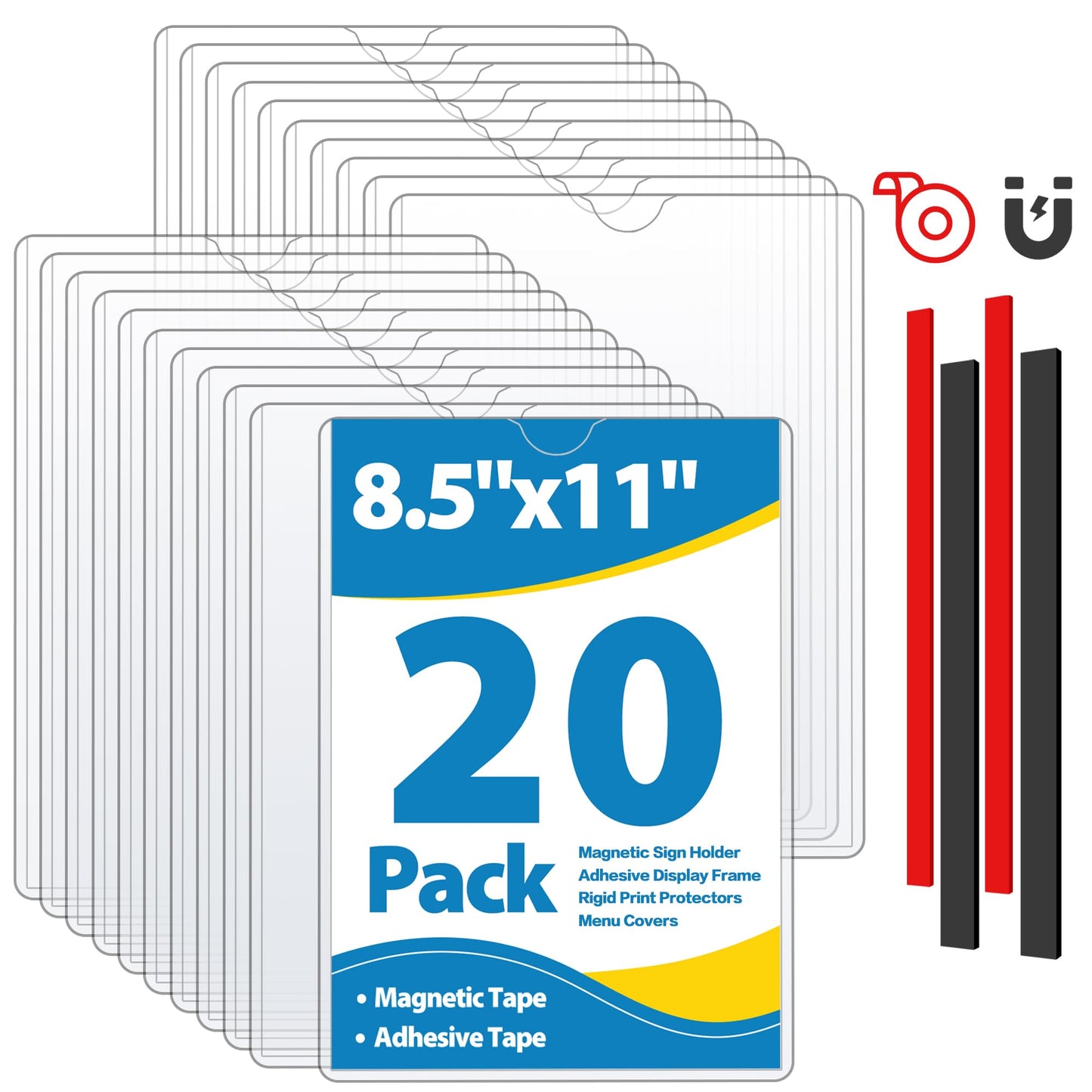 VAIIGO 20 Pack Wall Sign Holder 8.5x11 Magnetic Plastic Sign Holder with Magnetic and Adhesive Tapes, Adhesive Clear Display Sign Frame for Fridge, Metal, Wall, Door, Document Protectors Holders