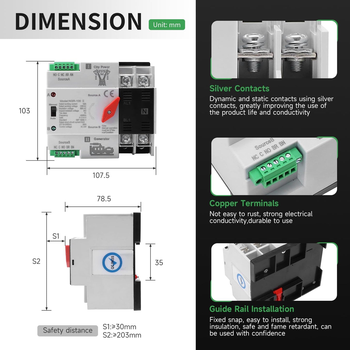 100Amp AC110V Automatic/Manual Transfer Switch 2P 50/60Hz, 2POLE 100A Mini ATS Solar Auto Dual Power Switch for Home Generator, Din Rail Mounted Cn Automatic Changeover Fast Transfe for Rv, Lv Power