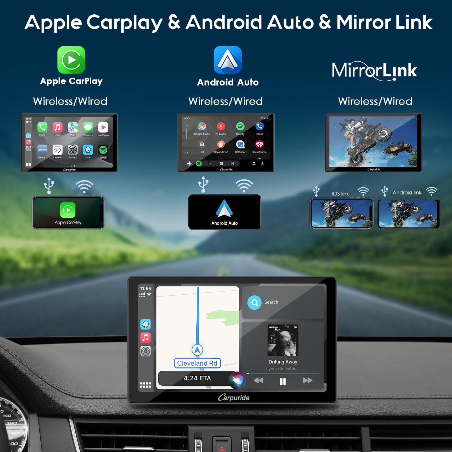 2024 CARPURIDE C98 9 Inch Car Play Screen for Car, Compatible with Wireless/Wired Apple CarPlay, Android Auto and Mirror Link - Bluetooth Audio, Navigation,Siri, FM, AUX