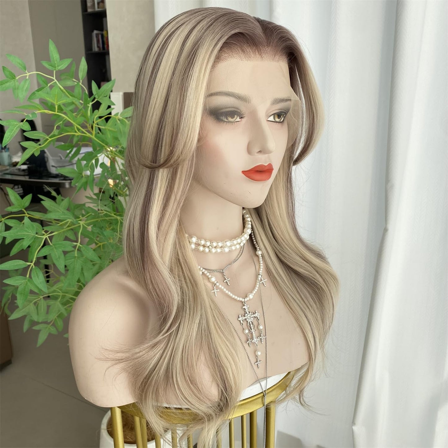 VASTCURY Ash Blonde and Light Brown wigs Highlight with Curtain Bangs 13x4 Lace Front Wig Long Wavy Synthetic Fiber 20Inch Pre Plucked Hairline for Women