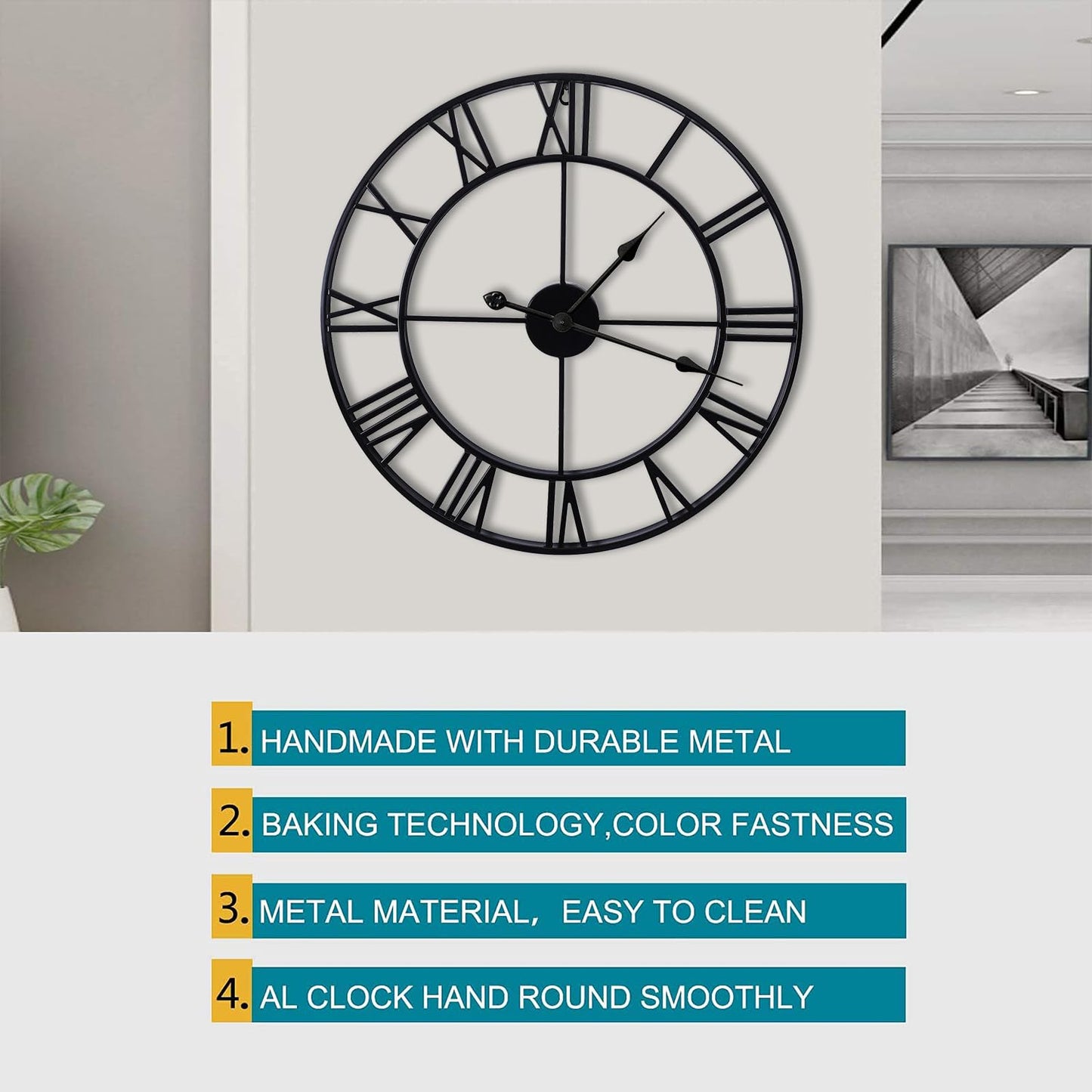 Large Wall Clocks Non-Ticking Silent 30 inch Battery Operated Oversized Metal Round Roman Numerals European Industrial Wall Clocks for Home Kitchen Living Room Office Decor