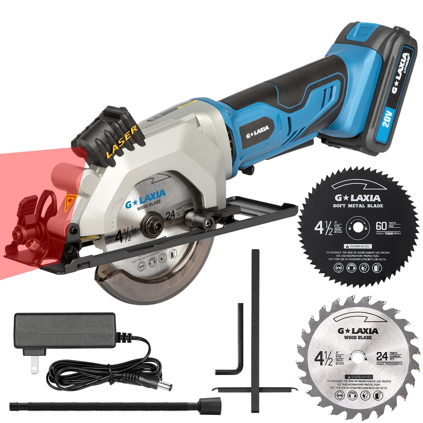 G LAXIA Mini Circular Saw, 4-1/2" 3400RPM Cordless Circular Saw with Laser Guide, Rip Guide, Compact Hand Saw with 2Pcs blades（24T+60T), Max Cutting Depth 1-11/16"(90°), 1-1/8"(45°)