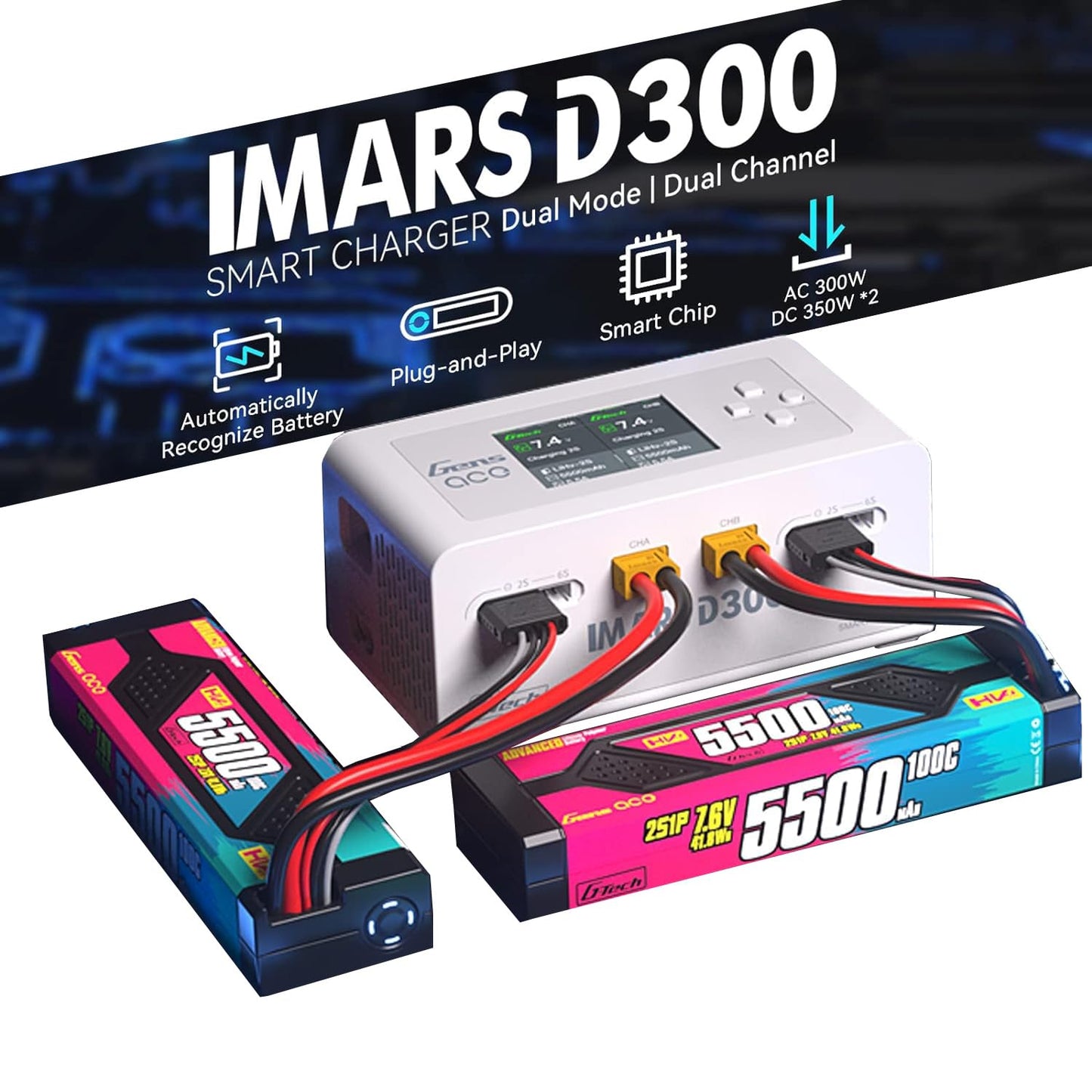 Alaohu Lipo Battery Charger, Gens Ace IMARS D300 Smart Balance Charger Dual Channel AC 300W / DC 700W (350W*2) 16A for RC LiPo Li-Ion LiHV Life Battery Charging (White)