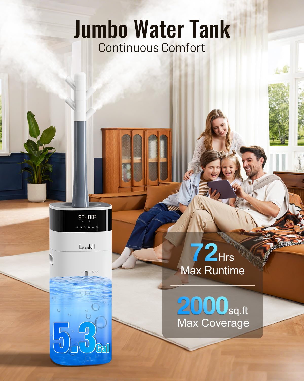 LACIDOLL Humidifier Large Room 5.3Gal/20L - Cool and Warm Mist Humidifiers for Home 2000 sq ft, Air Humidifiers for Bedroom with Diffuser&Extended Tube, Whole House Humidifiers for Nursery Baby Plants