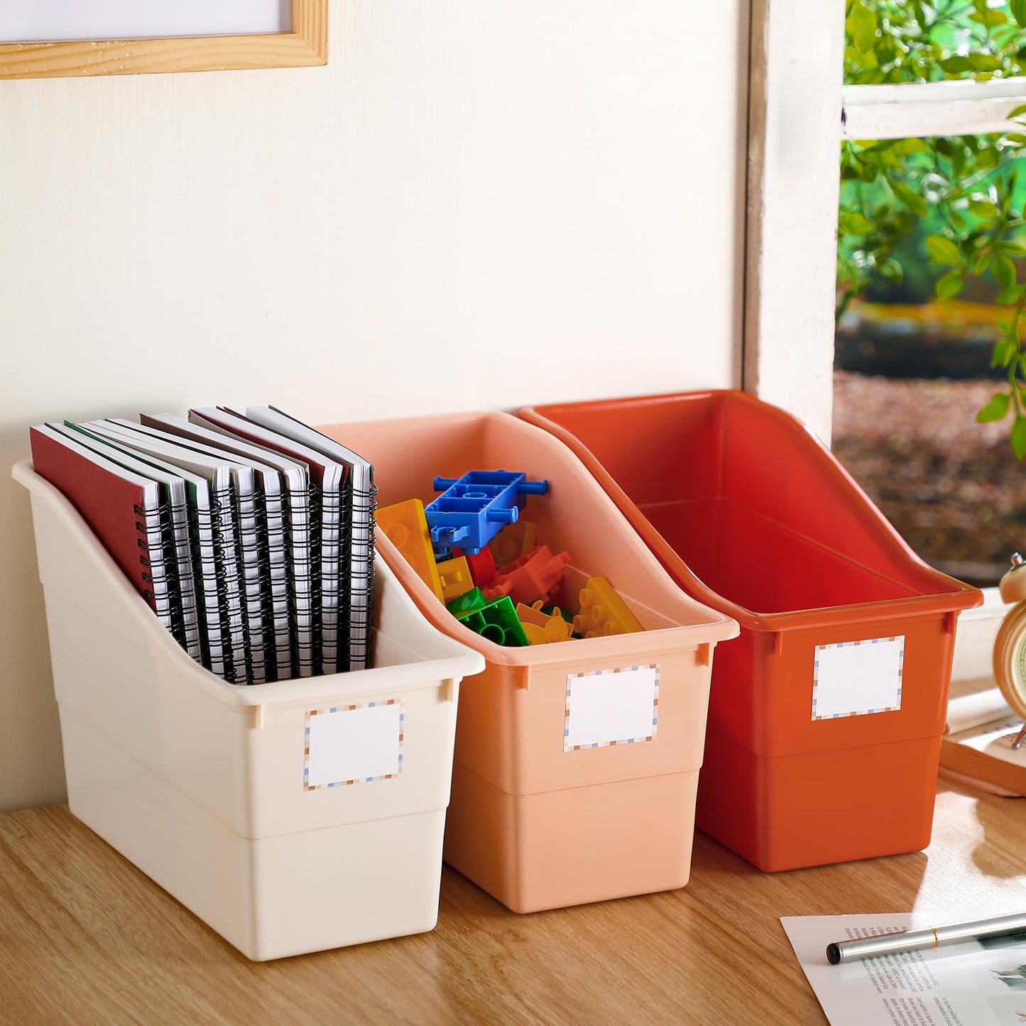 Suzile 12 Pcs Book Storage Bins with Labels Plastic Boho Folder Magazine File Holder Interlocking for Office Classroom Home book Organizer Container (Classic Colors)