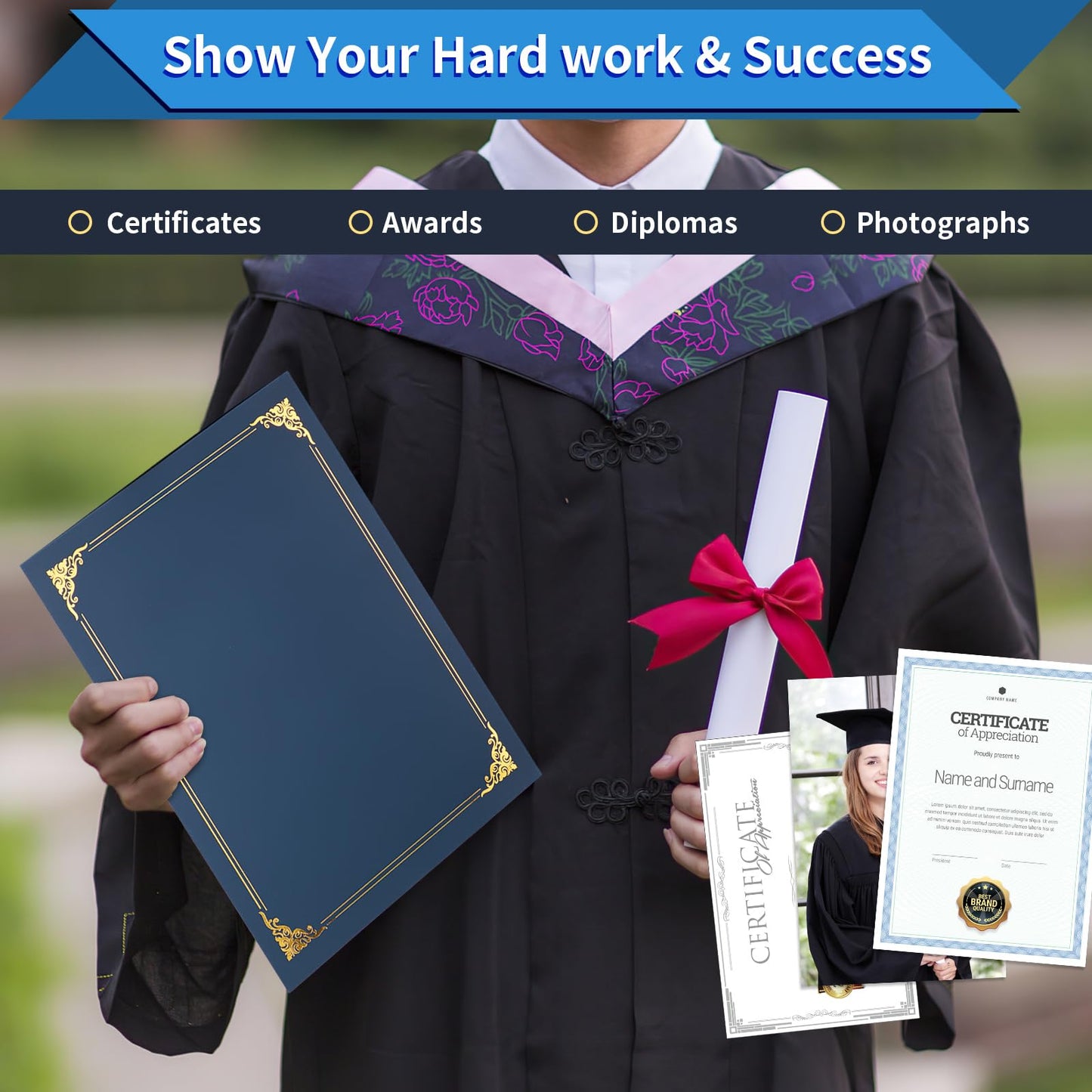 50 Packs Certificate Holders, Navy Blue Certificate Covers, Diploma Holders, Certificate Folders with Gold Foil Border for Letter Size 8.5" x 11" Certificates, Diploma, Documents, Award Cover