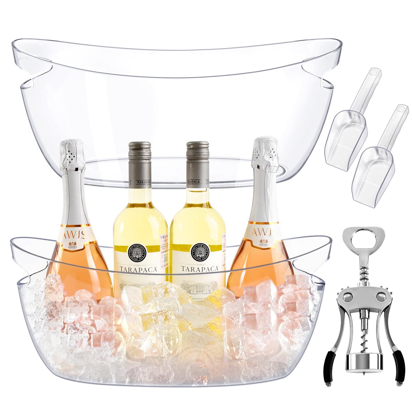5.5L Ice Buckets for Parties 2-Pack, Clear Acrylic Drink Cooler Set with 2 Scoops & Metal Wine Opener, Beverage Tub Champagne Bucket for Cocktail Mimosa Bar, Beer, Wine (16.5" x 7.3" x 6.8")