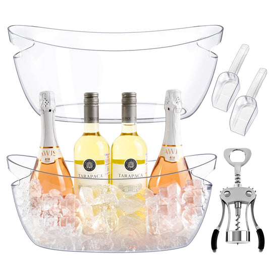 5.5L Ice Buckets for Parties 2-Pack, Clear Acrylic Drink Cooler Set with 2 Scoops & Metal Wine Opener, Beverage Tub Champagne Bucket for Cocktail Mimosa Bar, Beer, Wine (16.5" x 7.3" x 6.8")