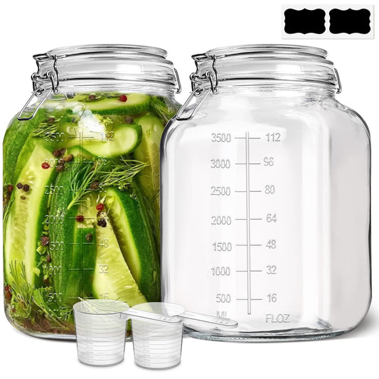 ComSaf 1 Gallon Square Glass Jars with Airtight Lids (135oz, Set of 2), Extra-Wide Mouth Canisters with Measurement Marks for Bulk Flour Storage, Fermenting Kombucha & Pickling