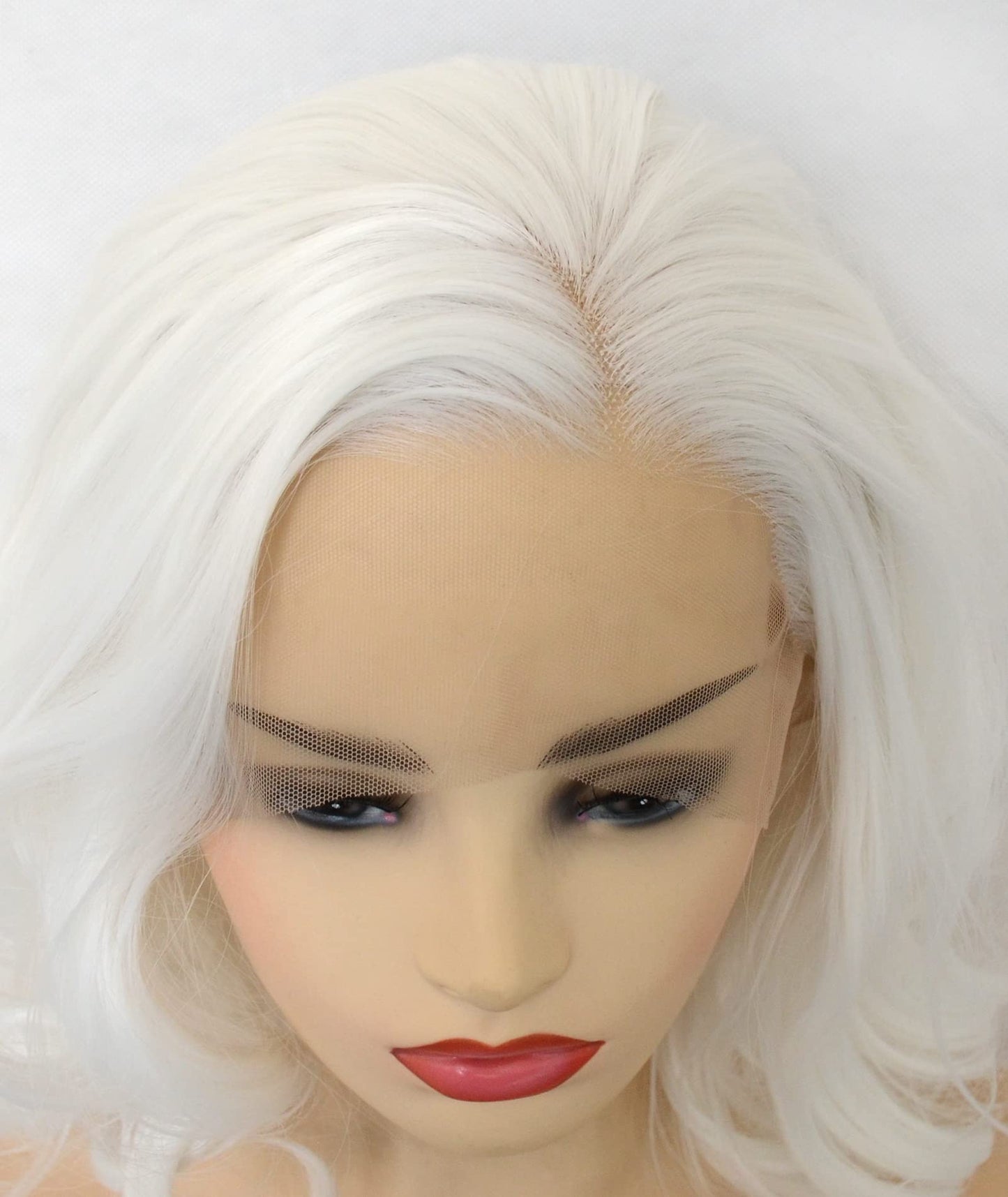 BLUPLE White Lace Front Wig Short Wavy Bob Style Platinum White 1001# Loose Wave Curly Synthetic Hair Side Part Half Hand Tied Replacement Full Wigs 12 Inches for Women Girls