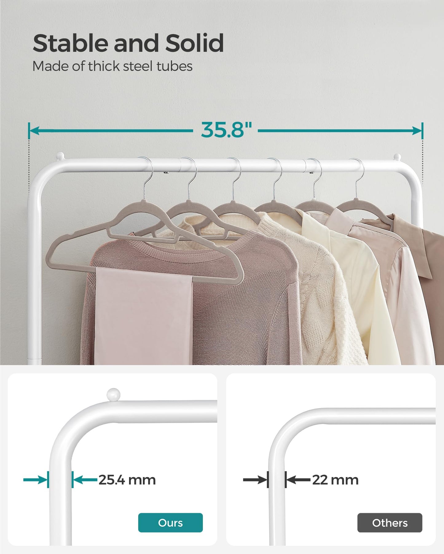 SONGMICS Clothes Rack with Wheels, Clothing Rack for Hanging Clothes, 25.4 mm Metal Garment Rack with Dense Mesh Storage Shelf, 110 lb Load Capacity, 2 Brakes, Cloud White UHSR025W01