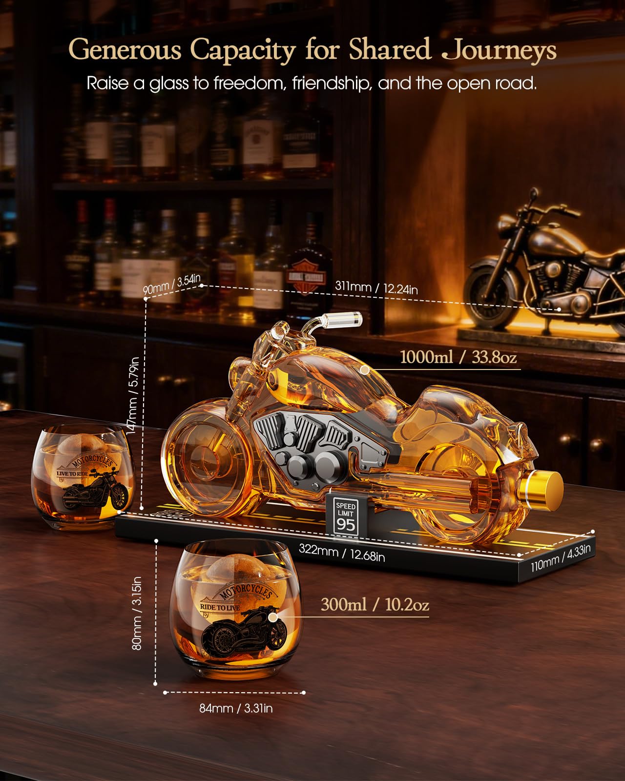Kollea Birthday Gifts for Men Dad, Motorcycle Whiskey Decanter Set with 2 Glasses, Liquor Dispenser for Home Bar, Unique Gift for Him, Father, Boyfriend, Anniversary, Biker & Motor Lover, Christmas